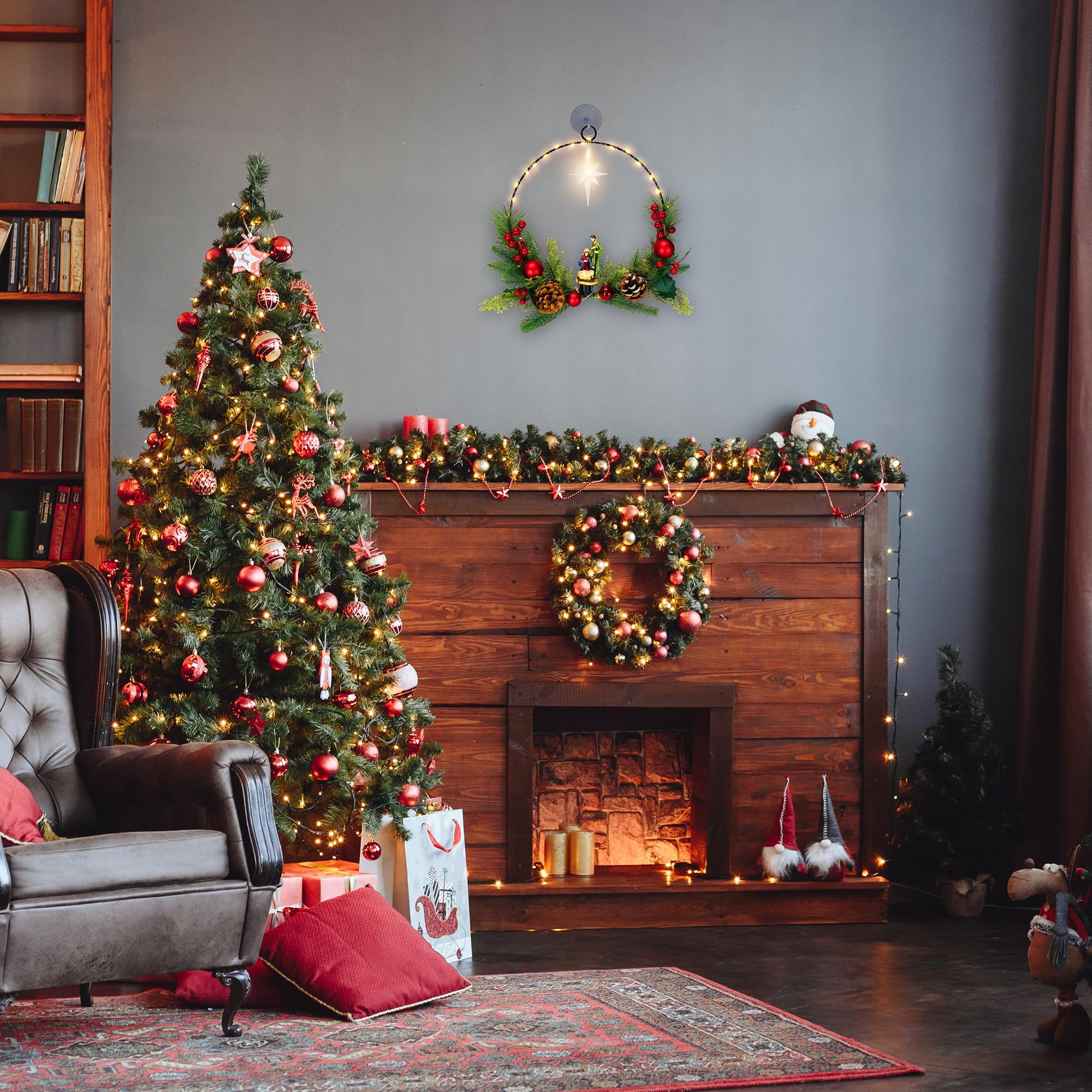 Weihnachtskränze für Haustür mit Lichtern und Fernbedienung, Heilige Familie, Krippenstatue und Stern von Bethlehem, Weihnachtsdekoration, 40,6 cm Fensterkränze, Kamindekorationen, 2 Stück