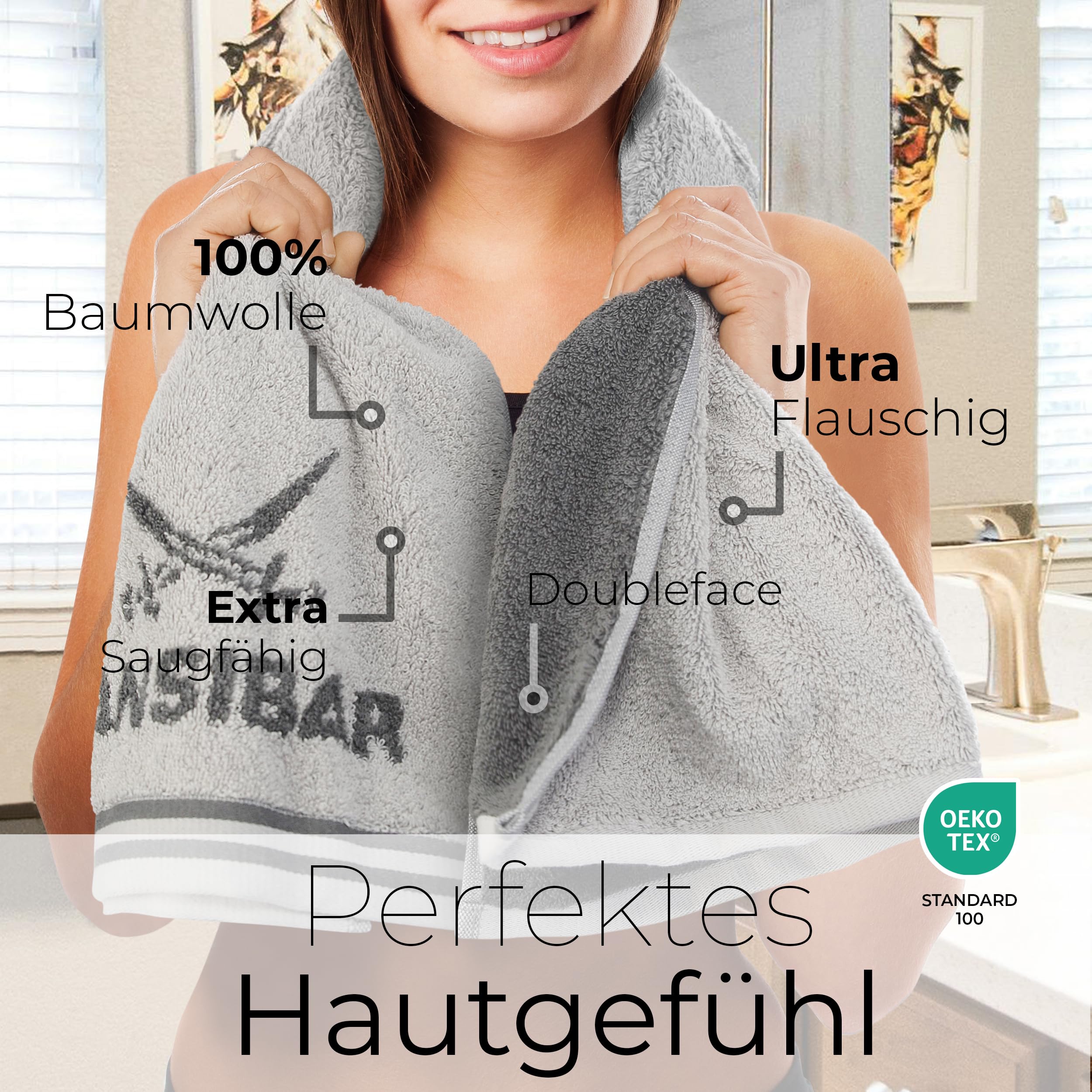 Sansibar Handtuch 4er Set 50x100 cm 100% Baumwolle Doubleface Frottiertuch gestreifte Borde Zweifarbig Silber/Anthrazit