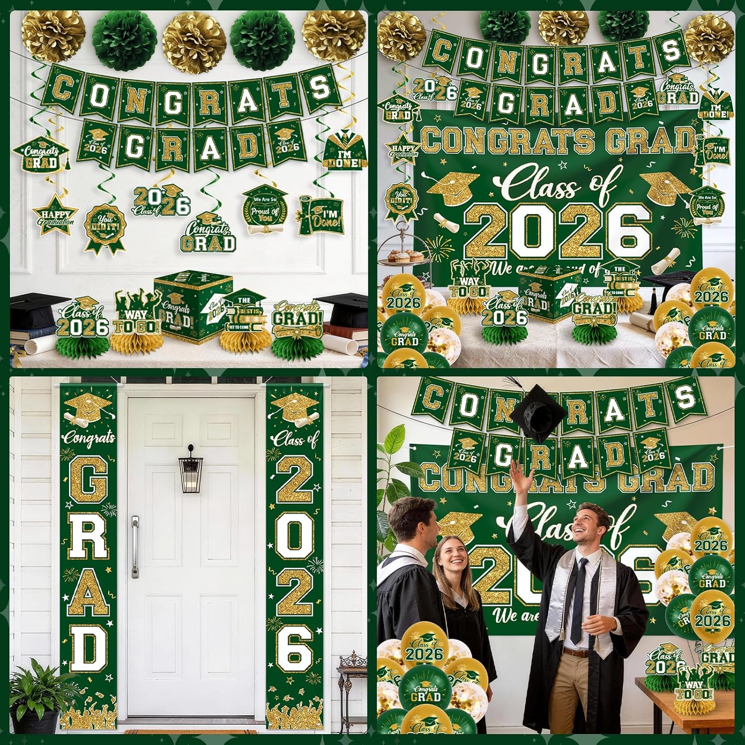 Green and Gold Graduation Decorations 2026 Set, All-in-1 Kit with Congrats Grad Banner Class of 2026 Backdrop Porch Sign Balloons Centerpieces Card Box Pom Poms Streamers for College High School