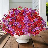 Artificial Flowers for Outdoors UV Resistant, 12 Bundles Realistic Faux Daisy with Eucalyptus Leaves Fake Plants for Porch Patio Planter Garden Decoration (Red Light Purple)