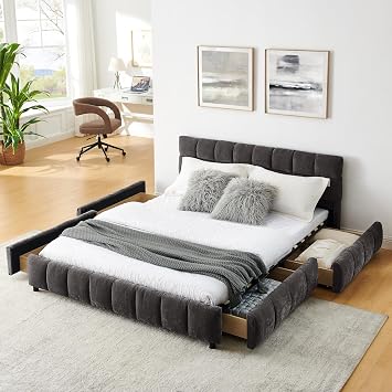 Queen Cloud Bed Frame with Storage Drawers, Soft Padded Headboard Tufed Bubble Upholstered Low to Ground Floor Bed Bedroom Marshmallow Wood Slats No Box Spring Need, Noise-free Dark Grey, Chenille