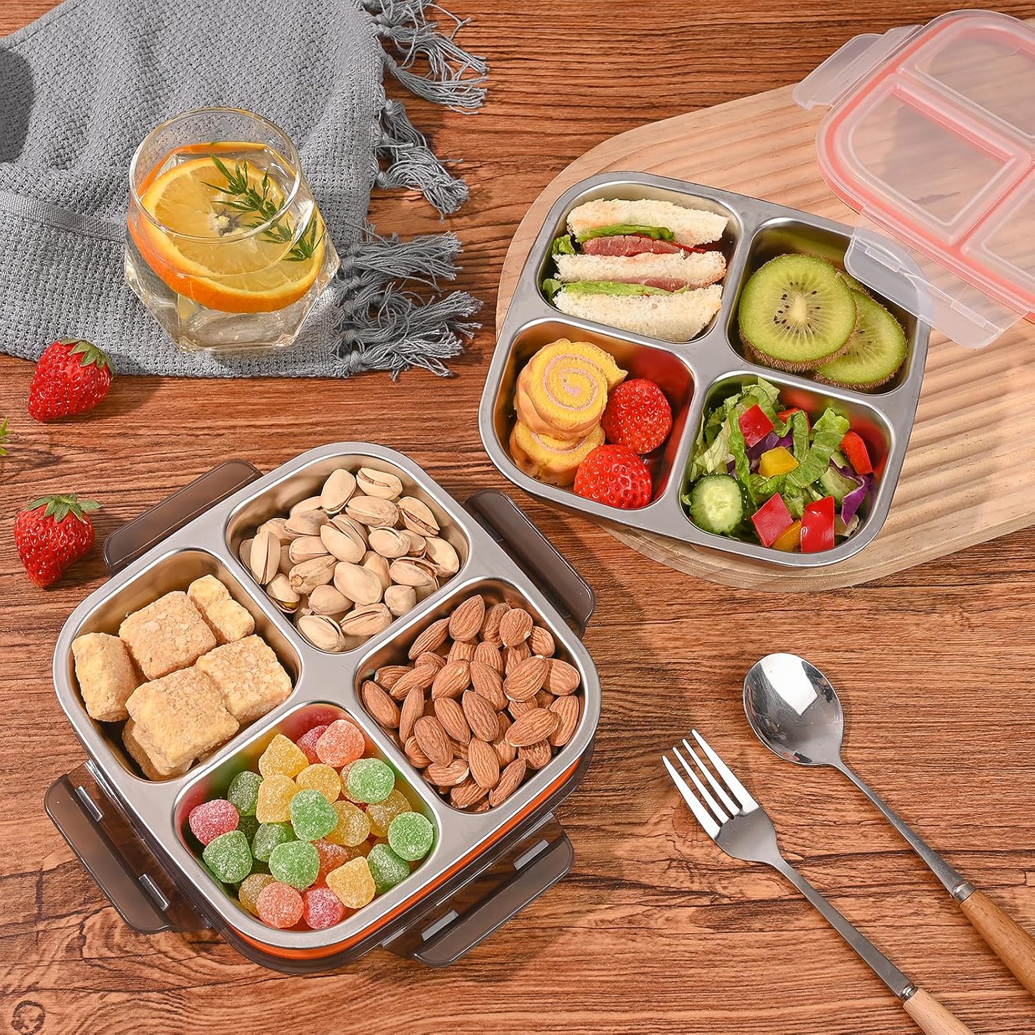 3 Pack Stainless Steel Snack Containers with Airtight Lids, 4 Compartment Food Storage Containers, Reusable Metal Meal Prep Lunch Boxes, Dishwasher Safe, Divided Plates for Adults (White)