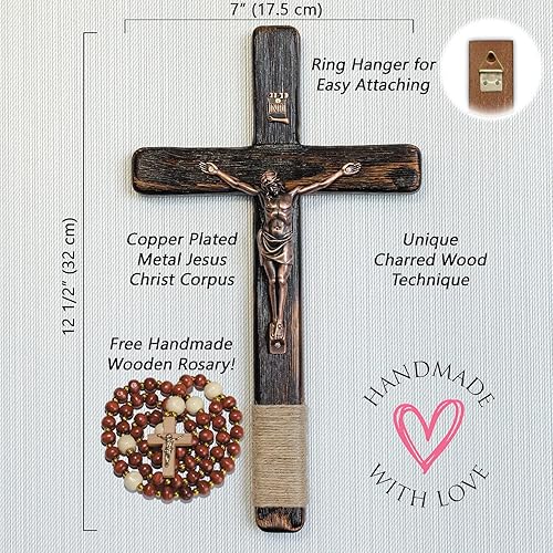 Miniatura 4 de Rustic Crucifix Wall Cross - Handmade Wooden Catholic Crucifix Unique Charred Oak Technique - 12 Inch
