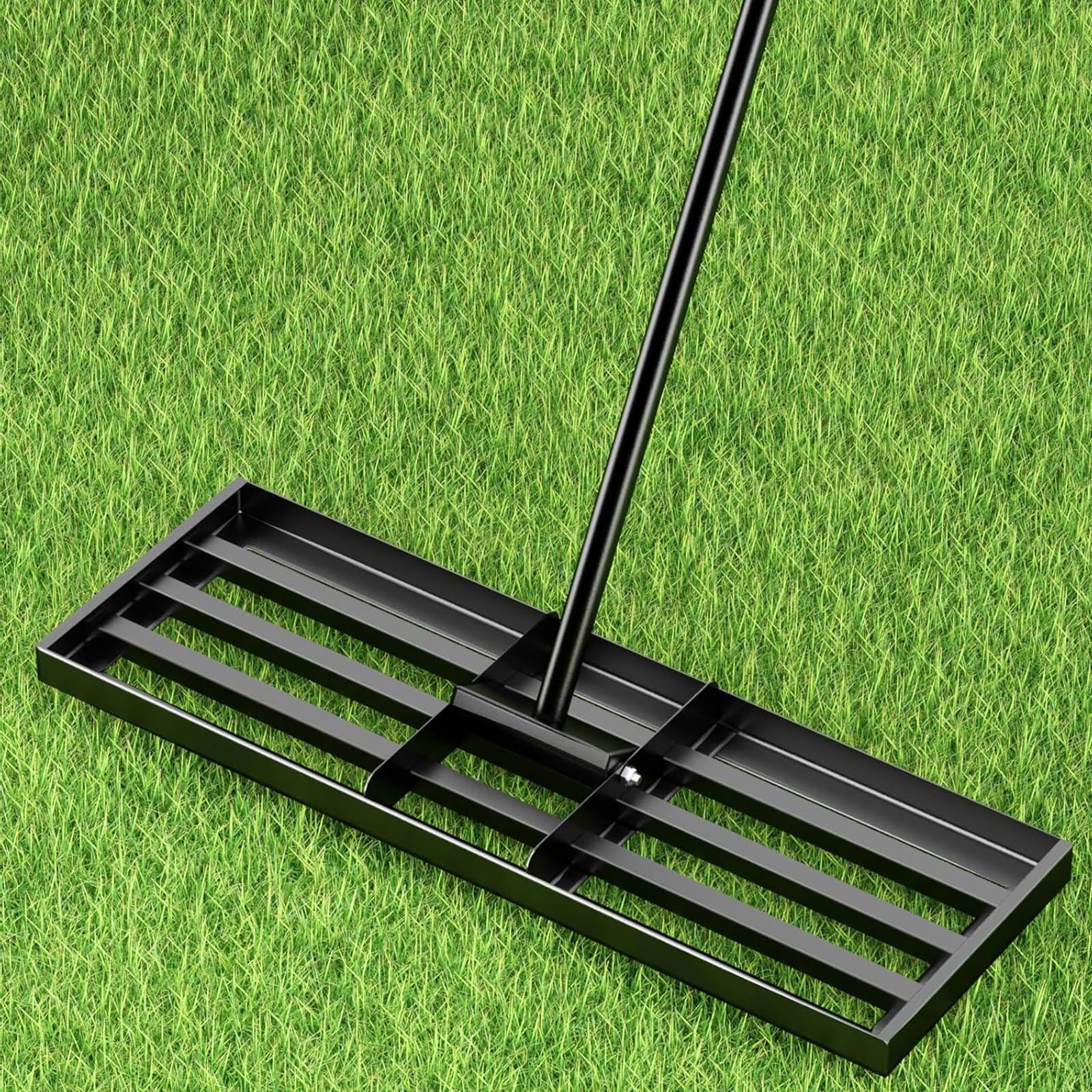 Rastrillo nivelador para césped 115 x 25 cm, rastrillo nivelador para césped de acero inoxidable, equipado con un mango extra largo de 198 cm para jardín, campo de golf, granjas