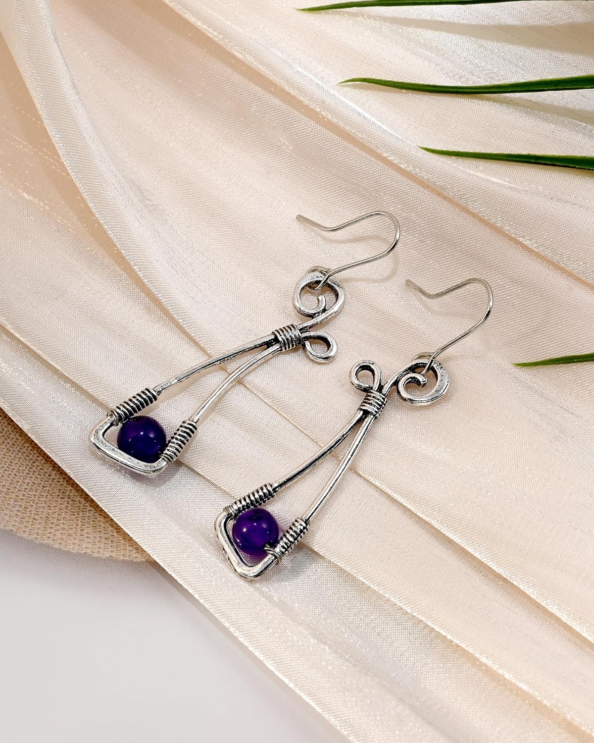 Silver and Purple Stone Twist Amethyst Crystal Geometric Dangle and Drop Bohemian Lightweight Vintage Earrings for Women - Image 5