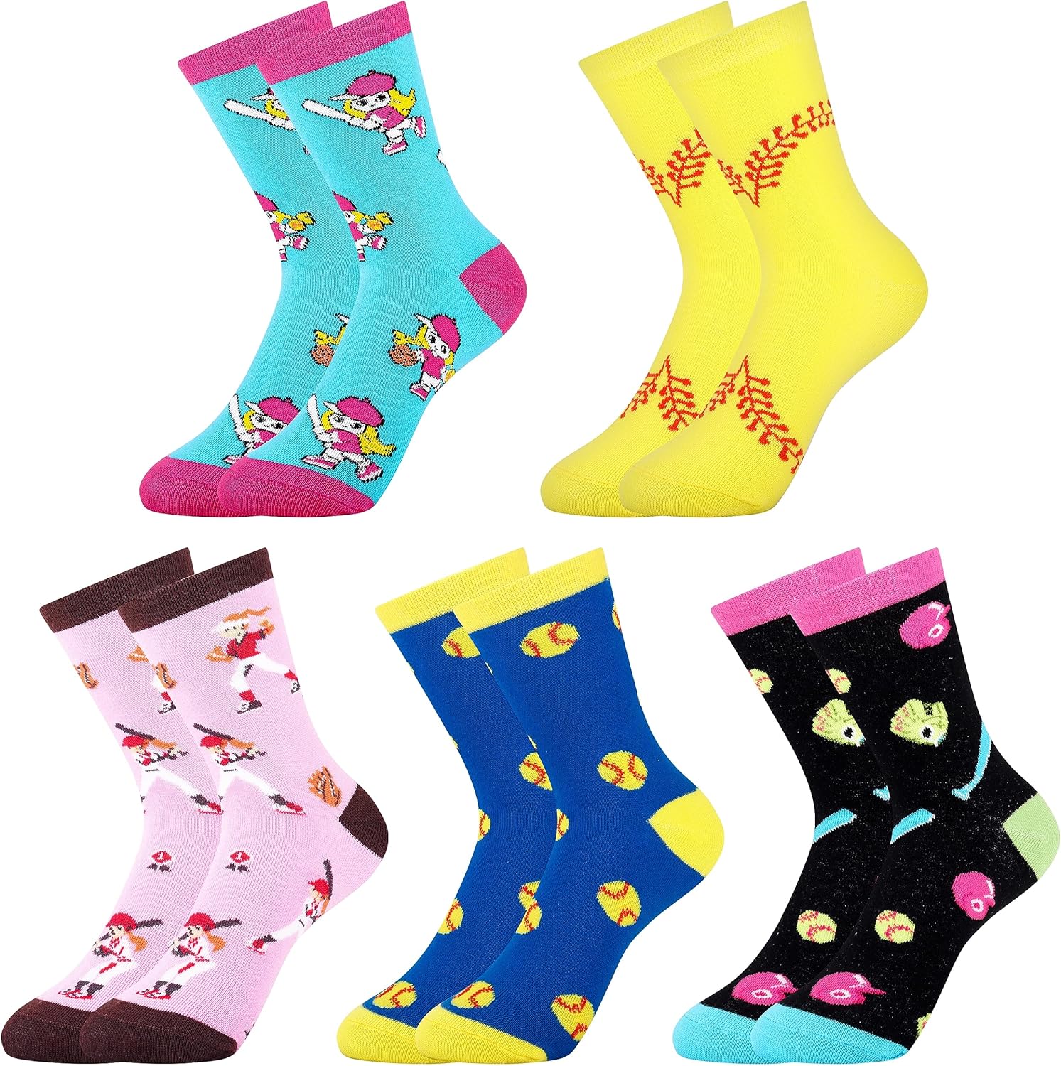 Belloxis Funny Athletic Socks 5 Pcs, Multi-Sport Design (Basketball, Baseball, Soccer, Hockey), Crew Socks for Boys Girl