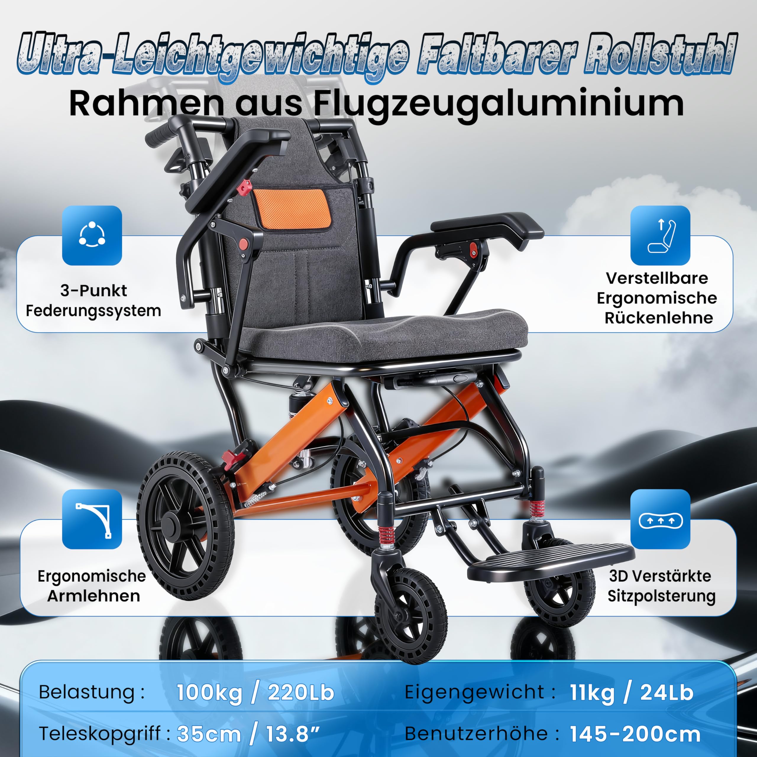 Silla de ruedas plegable ligera 2026, respaldo ajustable, neumáticos de panal de abeja de 28 cm, sillas de transporte con mango telescópico, bolsa de viaje, bolsa de viaje, cojines hinchables