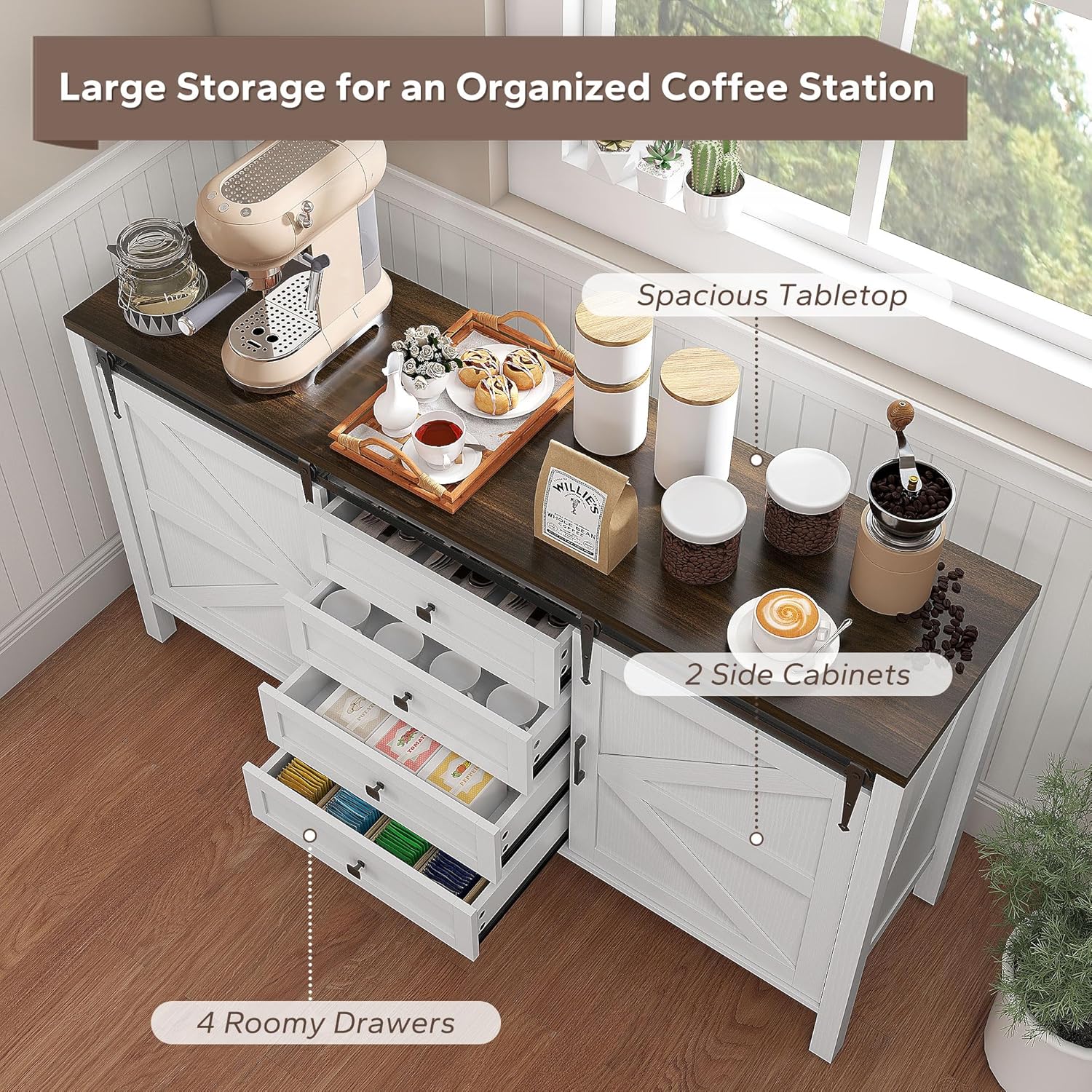 HOMCOM 59 Inch Farmhouse Sideboard Buffet Cabinet with Thick Top, Coffee Bar Cabinet with 2 Sliding Barn Doors, 4 Drawers and 2 Adjustable Shelves for Kitchen, Distressed White