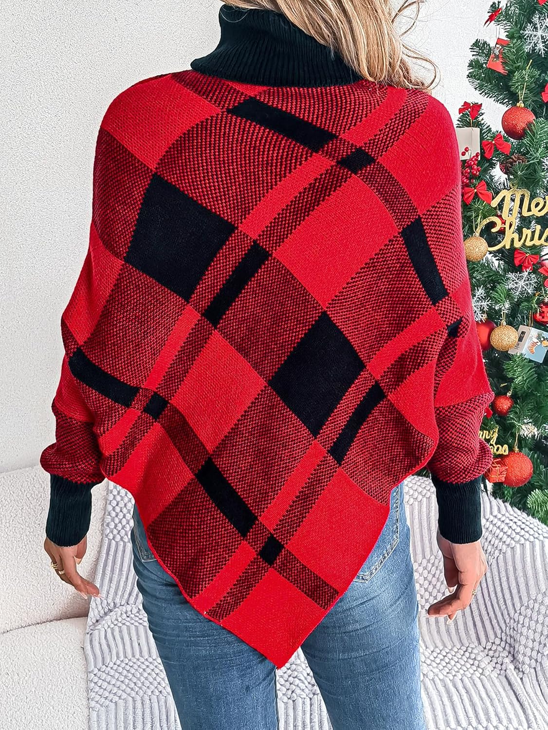 Women Turtleneck Poncho Sweaters Long Sleeve Cape Sweater Fall Winter Christmas Color Block Plaid Knit Pullover - Image 4