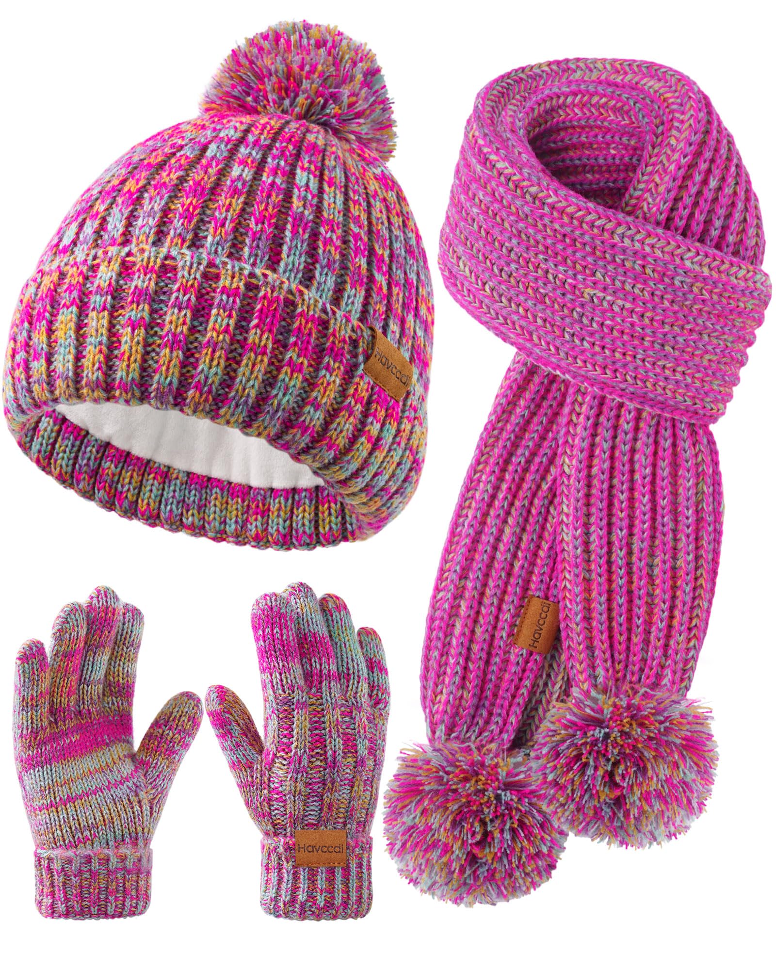 Kids Winter Hat Scarf Gloves Set - Girls Boys Fleece Lined Beanie Hat with Pom Knit Scarf Warm Mittens for Children
