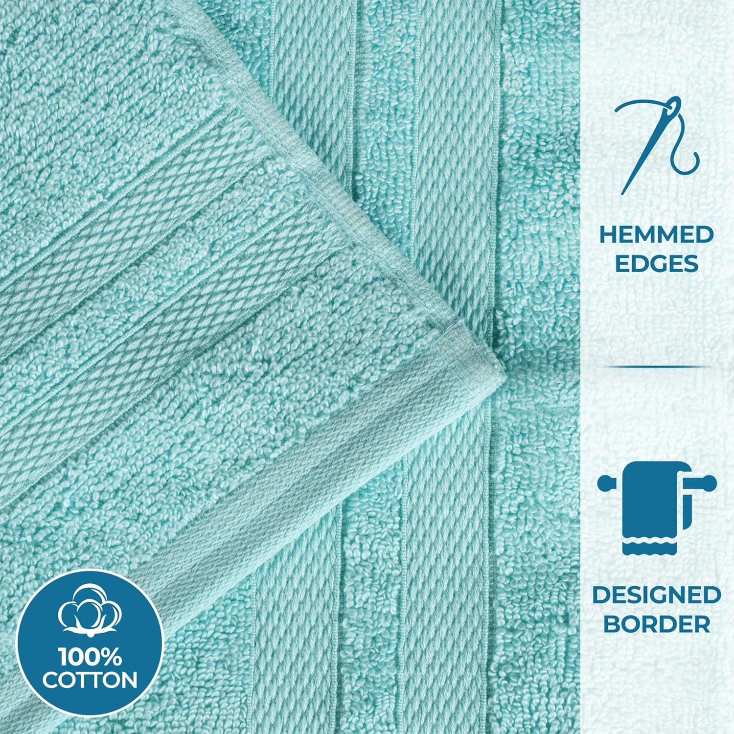 Superior Ultra-Soft Cotton Bath Towel Set, Quick-Dry, Absorbent, Shower, Spa Basics, Large Towels, Bathroom Sets, Bath Essentials, Solid, Double Line Dobby Border, 2 Pack, Set of 2, Cyan Blue