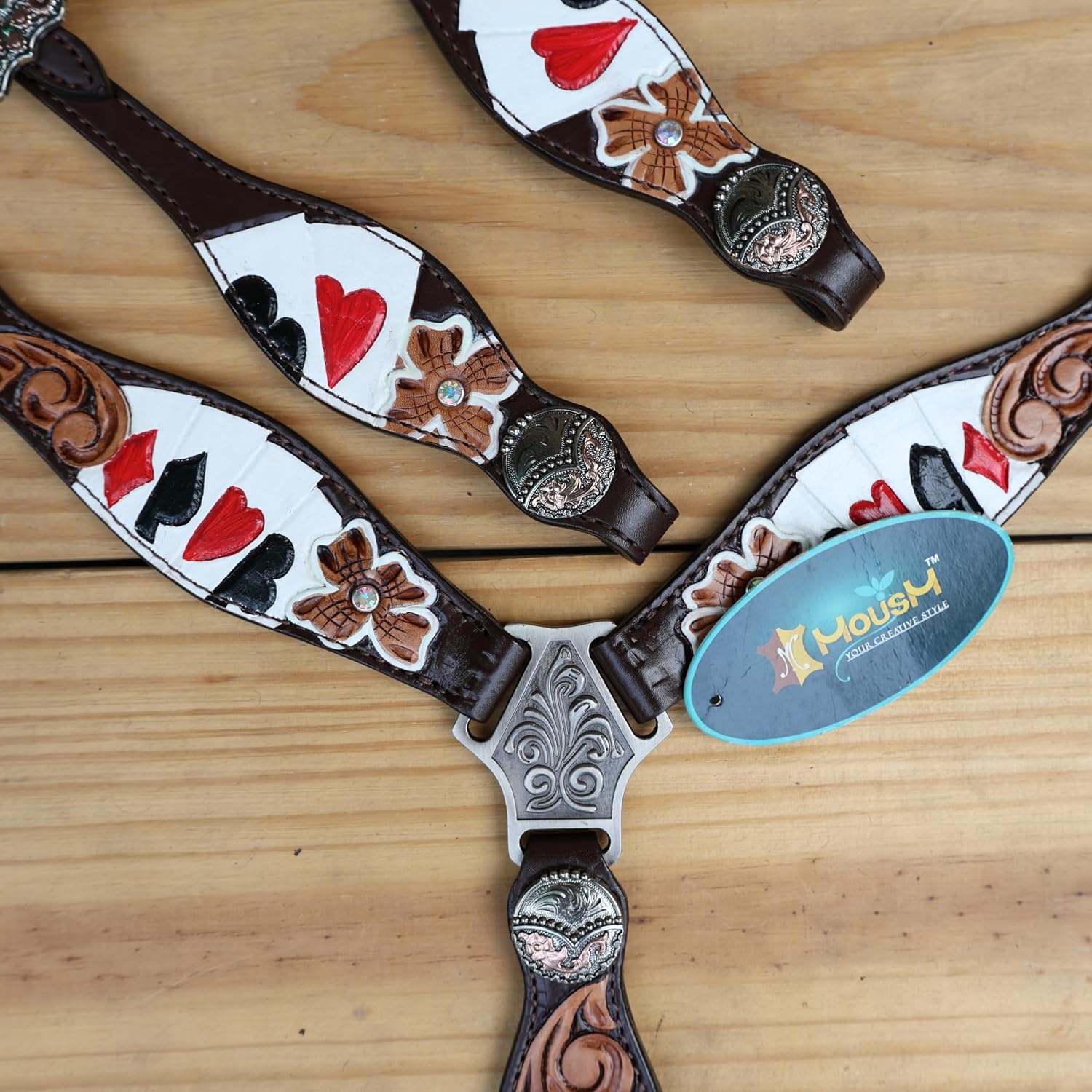 One Ear Headstall for Horses Western - Flower Carved Argentina Cow Leather with Hand-Painted Gambler Cards Design