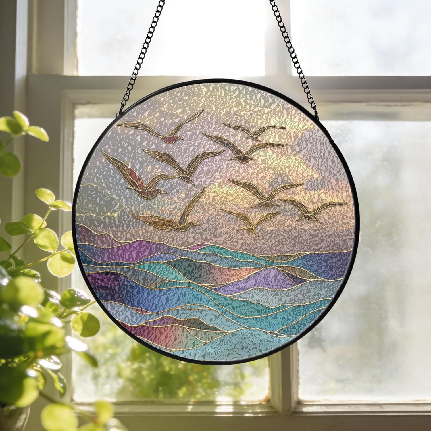 Flying Seagulls Sunset Stained Glass Window Hanging Ocean Sunset Suncatchers Birds Sea Waves Glass Panel Hangings Ocean Gift for Bird Lovers Coastal Beach House Nautical Home Decor Gift 11.8inch
