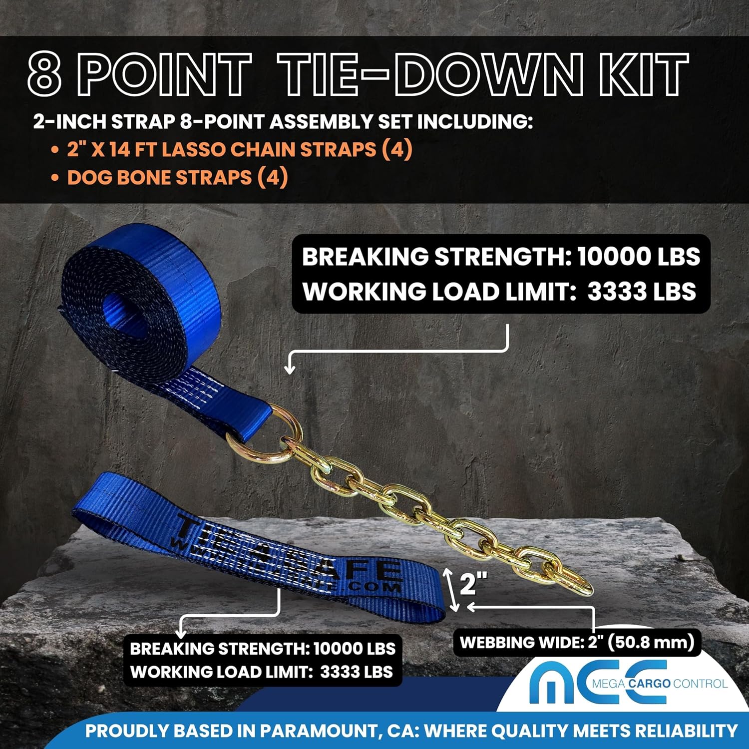 Mega Cargo Control Blue Heavy Duty Towing Kit with Red Sleeve Protectors - for Rollback, Flatbed, Auto Hauling