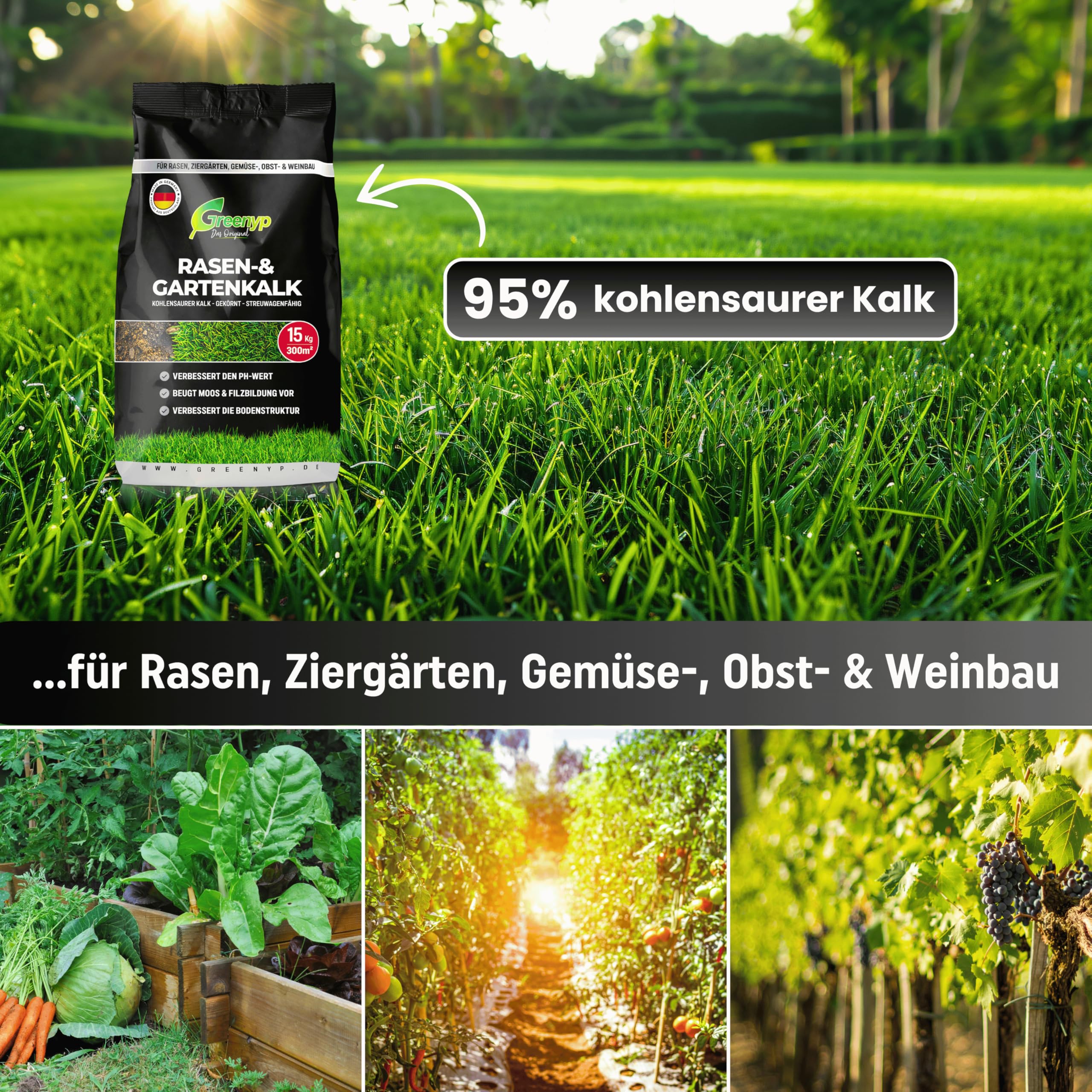 Greenyp Rasenkalk & Gartenkalk I 30kg / 600m² I fein gekörnter kohlensaurer Kalk gegen Moos und Pilze im Rasen I staubarm & ideal für den Streuwagen I verstärkt die Düngung I Rasendünger Frühjahr