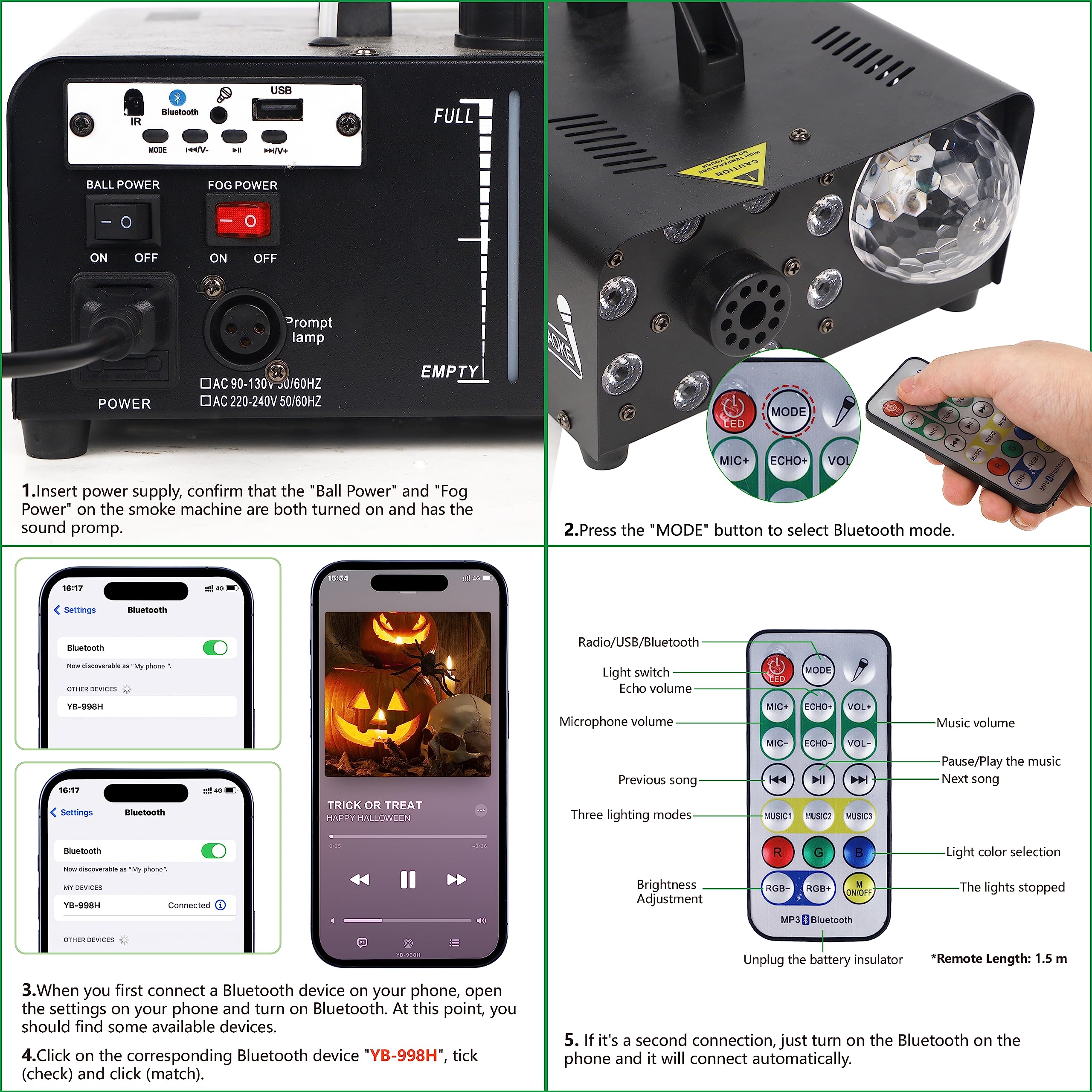 ATDAWN Fog Machine with 8 LED Lights and Disco Ball, Wireless Remote