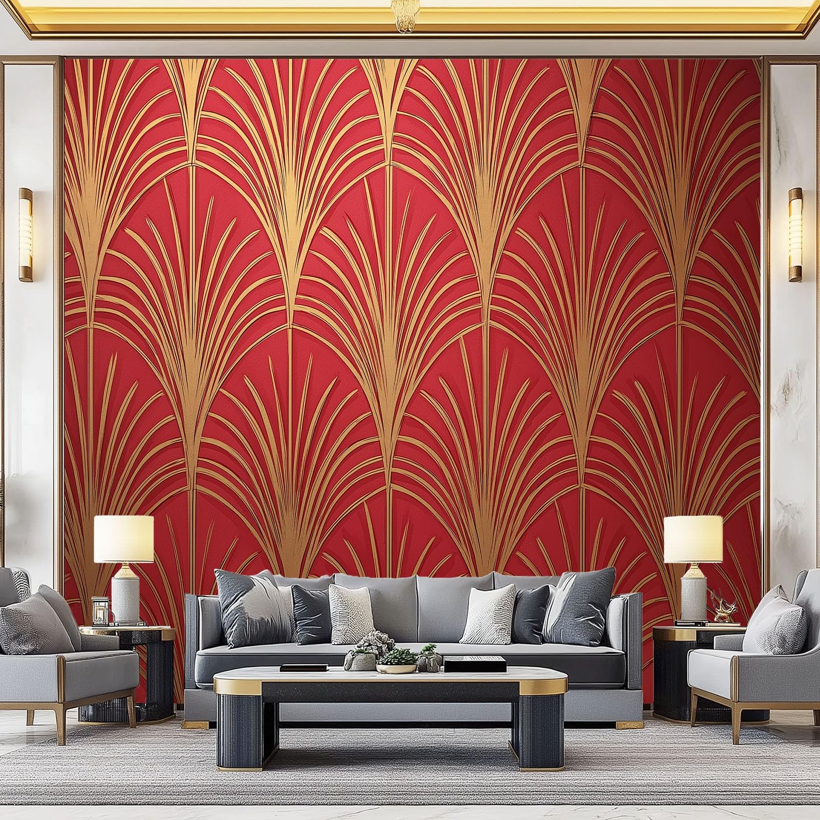 Nowoczesny mural ścienny tapeta z włókniny czerwone złoto - geometryczna tekstura w kształcie wachlarza elegancki design do salonu i sypialni, duża zdejmowana dekoracja ścienna, bez kleju, 350 x 256