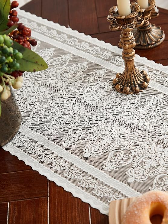 Lace Crochet Table Runner 30 x 180 cm Boho Decorative Wedding Tablecloth Vintage Handwoven Macrame Embroidery Flowers Beige Table Runner Table Linen with Tassels for Kitchen Food Holiday Party