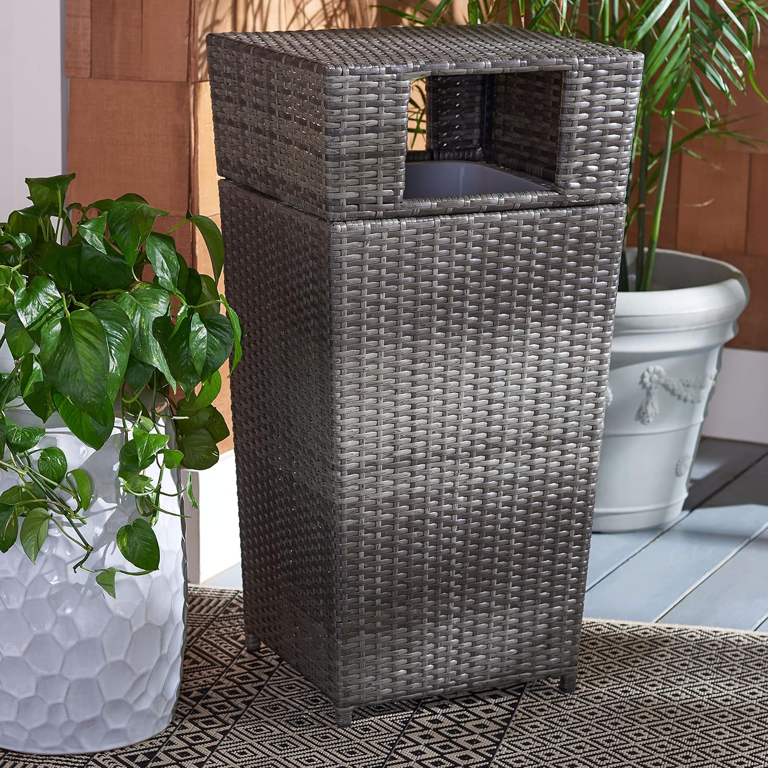 SAFAVIEH Outdoor - Mazeli Trash Bin - Grey Brown - Steel Frame Textured Surface - Modern Geometric Removable-Top Design - Ideal for Patio, Deck, Porch, Backyard, 17.6"W x 16.8"D x 35.1"H (PAT7512C)