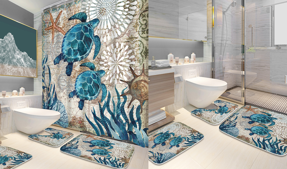 Sea Turtles Nautical Ocean Beach 4 Pcs Bathroom Sets with Shower Curtain Set and Rugs, Non-Slip Rugs Bath Mat U Shaped Mat Starfish Coral Shower Curtains Waterproof with 12 Hooks, 72