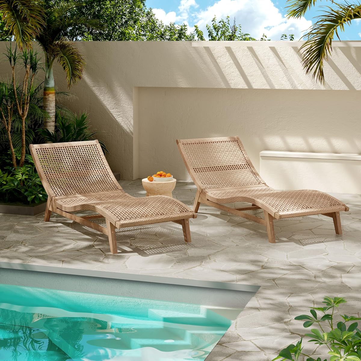 Amalfi Acacia Wood Chaise Lounge Chair Outdoor Set of 2, Wicker Patio Chaise Lounge, Outdoor Sun Lounger, Poolside Seating, Light Teak