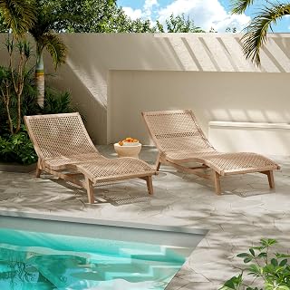 Christopher Knight Home Amalfi Acacia Wood Chaise Lounge Chair Outdoor Set of 2, Wicker Patio Chaise Lounge, Outdoor Sun Lounger, Poolside Seating, Light Teak