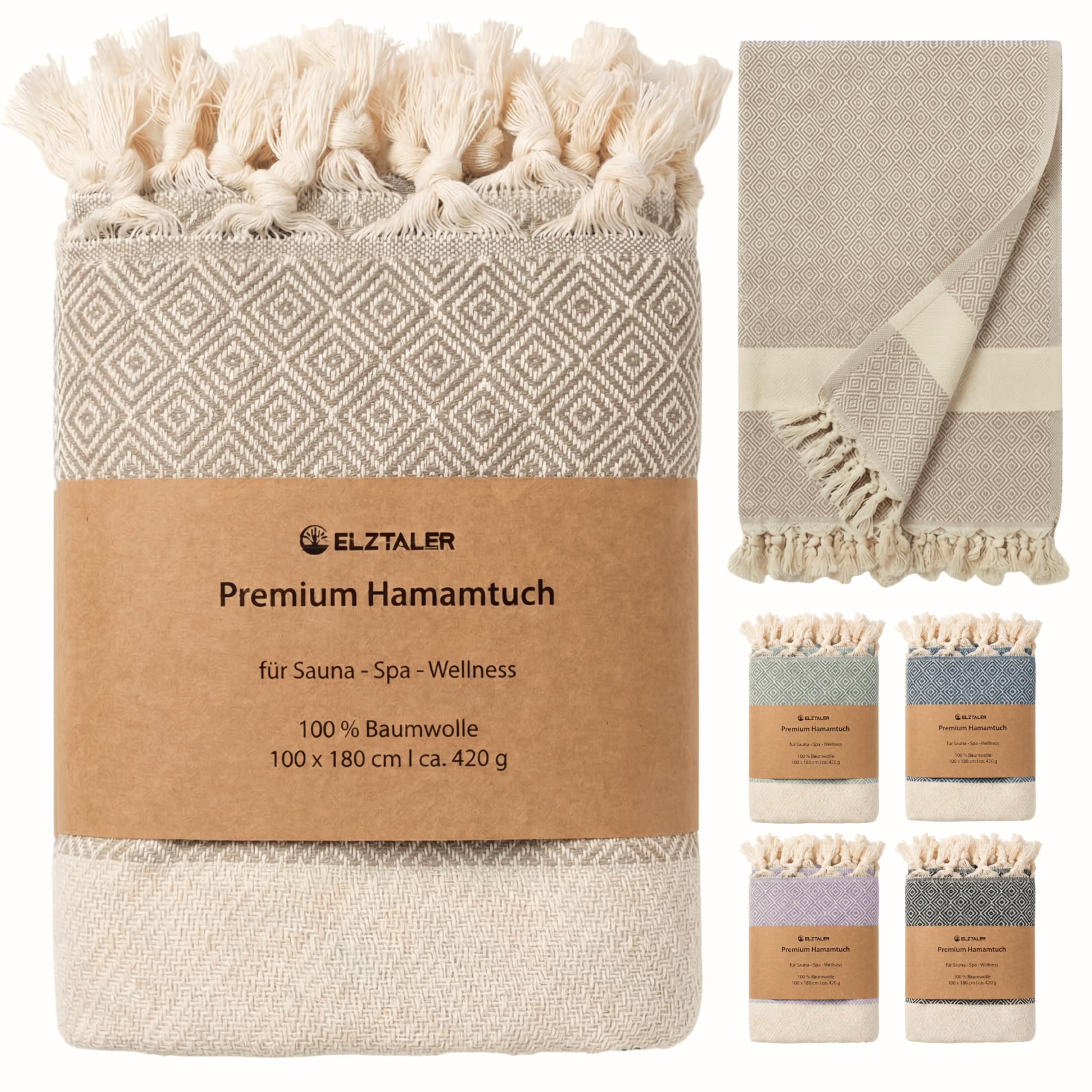 ELZTALER Hamamtuch 180x100 cm aus 100% Baumwolle – Saunatuch/Saunahandtuch & Strandtuch – Leicht, saugstark & schnelltrocknend – Peshtemal (Sandbeige)