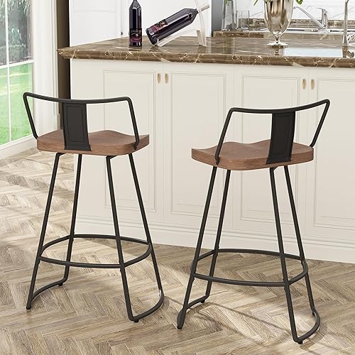 Miniatura 4 de Yongqiang Taburetes de bar giratorios de 30 pulgadas con respaldo, juego de 2 taburetes de bar industriales de altura con asiento de madera, negro
