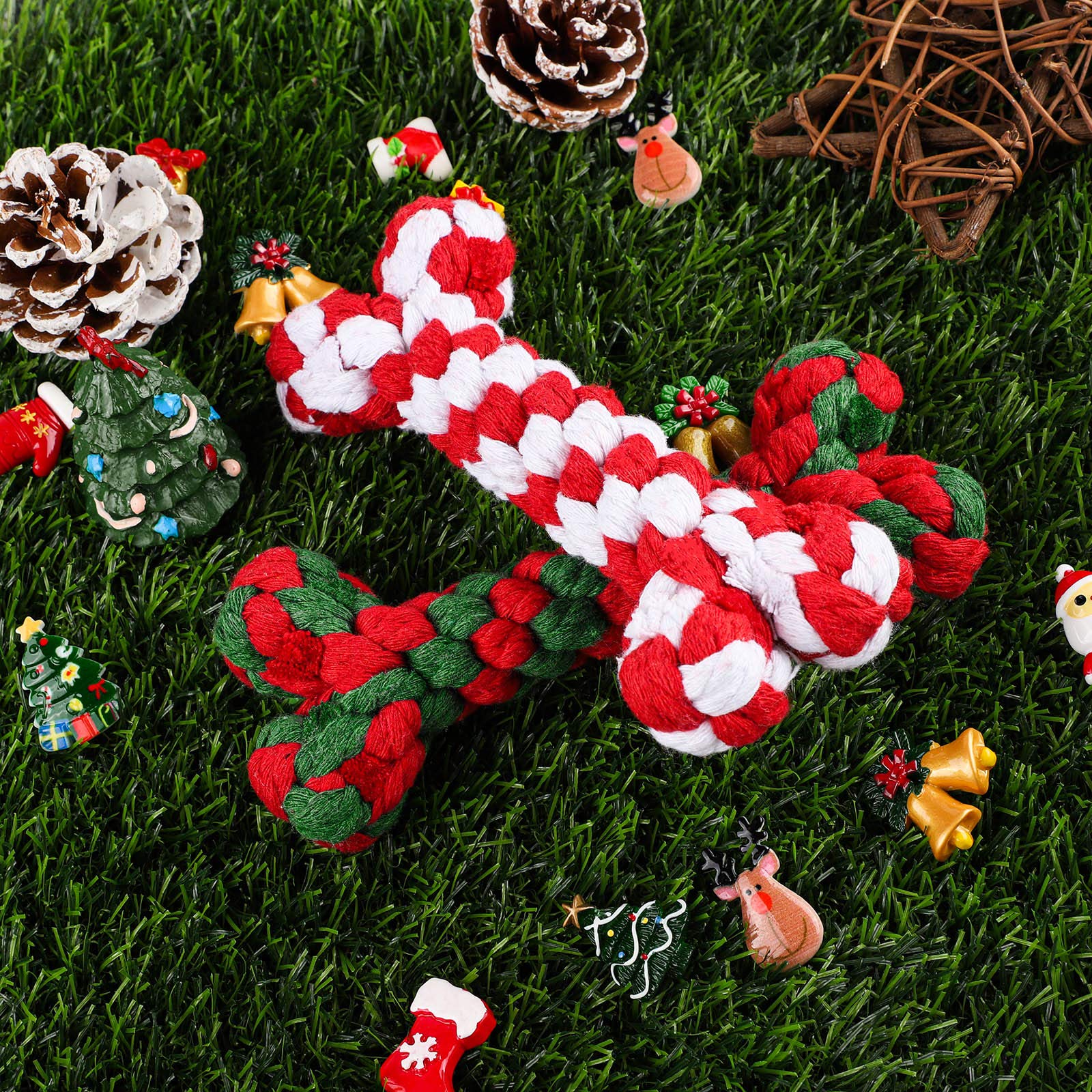 ADXCO - Juego de 4 juguetes de Navidad para masticar juguetes de cuerda de perro para bastón de caramelo masticable agresivo y forma de hueso, apto para perros pequeños, medianos y grandes