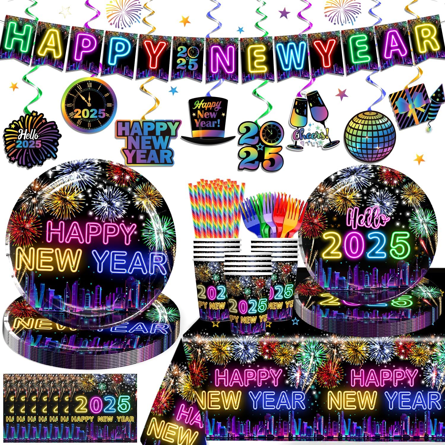 160pcs Neon New Years Eve Party Supplies 2025 include Happy New Year 2025 Banner Hanging Swirls Plates Napkins Paper Cups Straws Forks Tablecloth, 2025 New Years Decorations Happy New Year