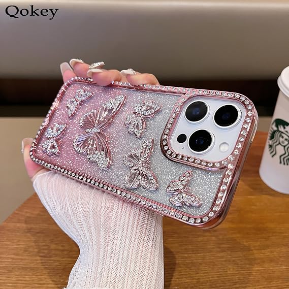 Qokey Glitter Butterflies Case for iPhone 14/iPhone 13 - Pink