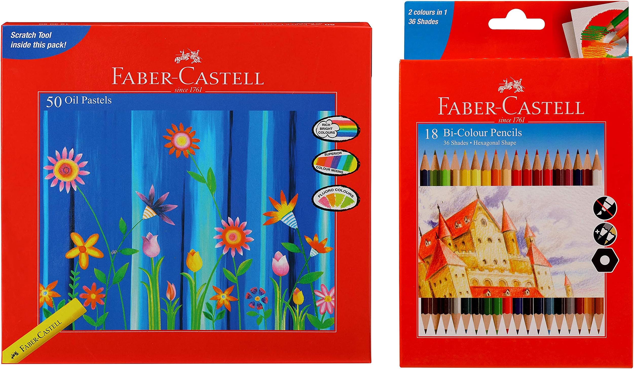Faber-Castell Oil Pastels (Pack Of 50) Bi-Colour Pencil, Pack Of 18 (Assorted)