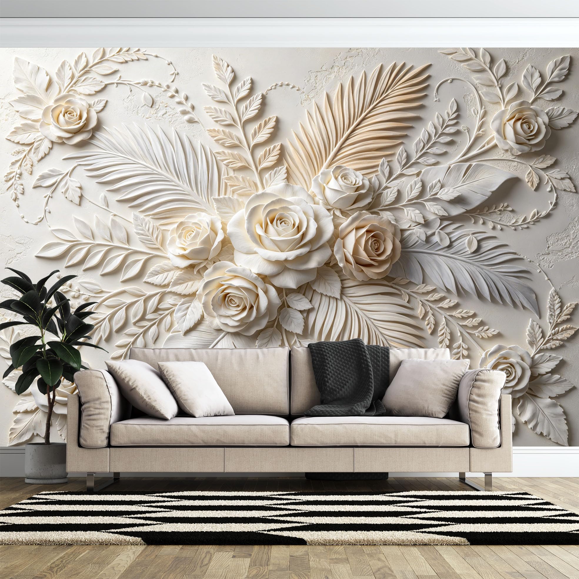 Carta Da Parati Fotografica In Tessuto Non Tessuto con Effetto 3D A Rilievo Rose In Fiore E Foglie Di Palma 300×210 cm (Lxa). Elegante Murale Floreale per Camera Da Letto E Soggiorno. Dimensioni: 3