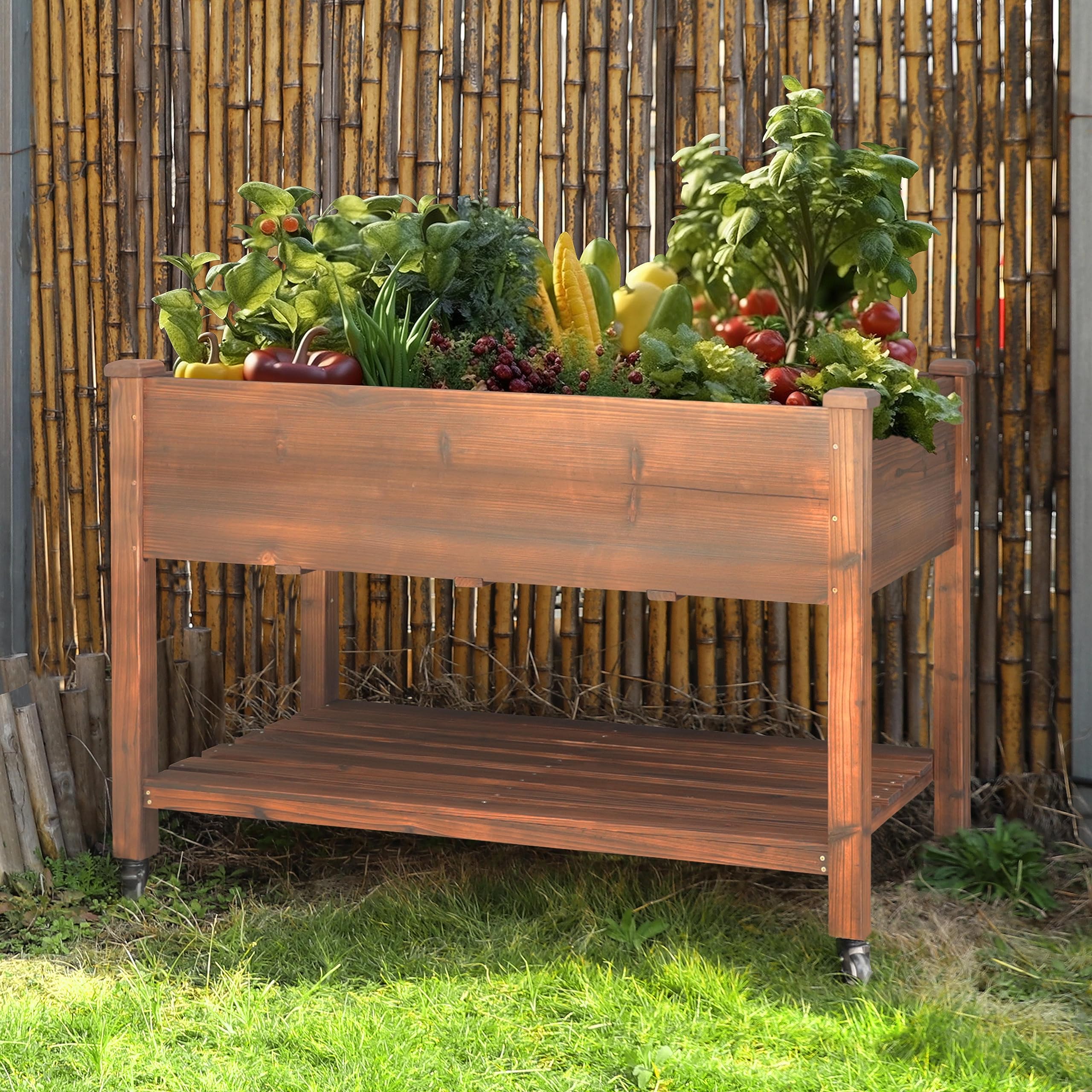 Podwyższona grządka ogrodowa w kształcie cedru, 120 x 57 cm x 83 cm z zamykanymi kółkami i półką do przechowywania, donica na podwórko, patio, balkon, rustykalny design dla łatwego ogrodnictwa