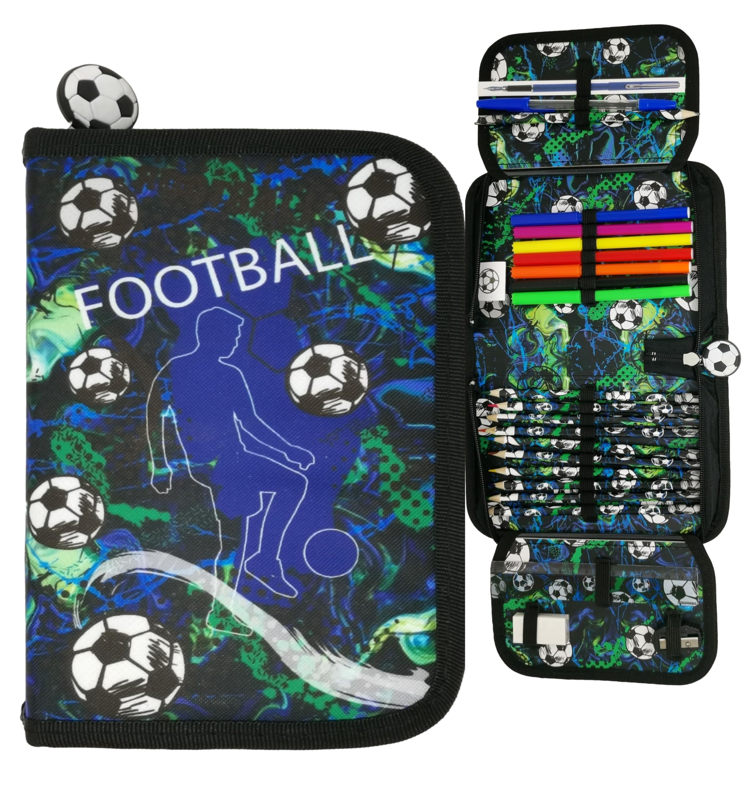Theonoi Estuche para niños, estuche para lápices, estuche de 2 compartimentos, estuche para estudiantes, estuche para lápices, accesorios escolares, escolar, niños y niñas, fútbol, Niños