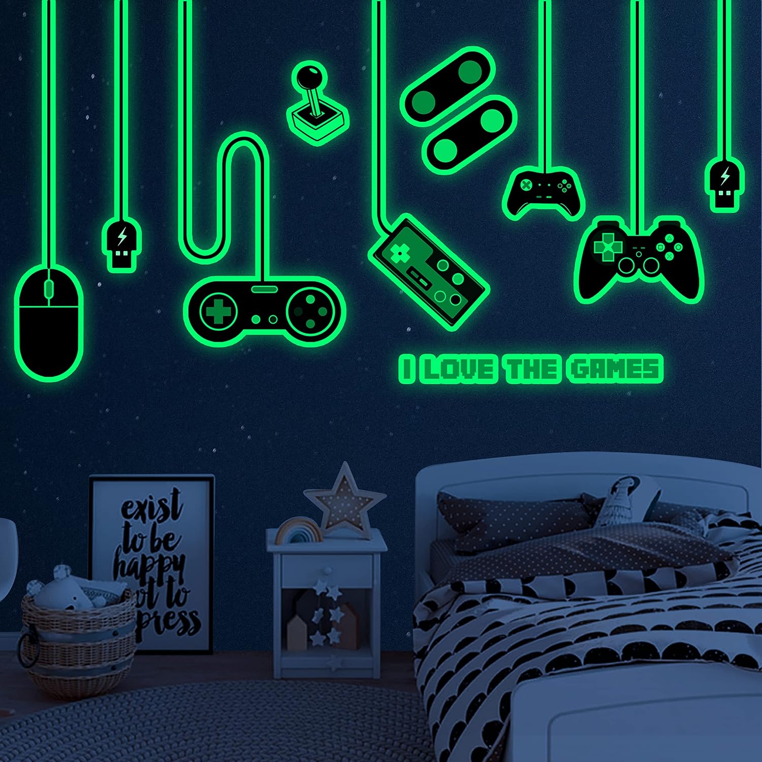 Gaming Wall Decals Glow in The Dark Wall Decals Video Game Zone Wall Stickers Removable Gaming Room Wall Decor Peel and Stick for Boys Kids Bedroom Playroom… (Large Size-Green)