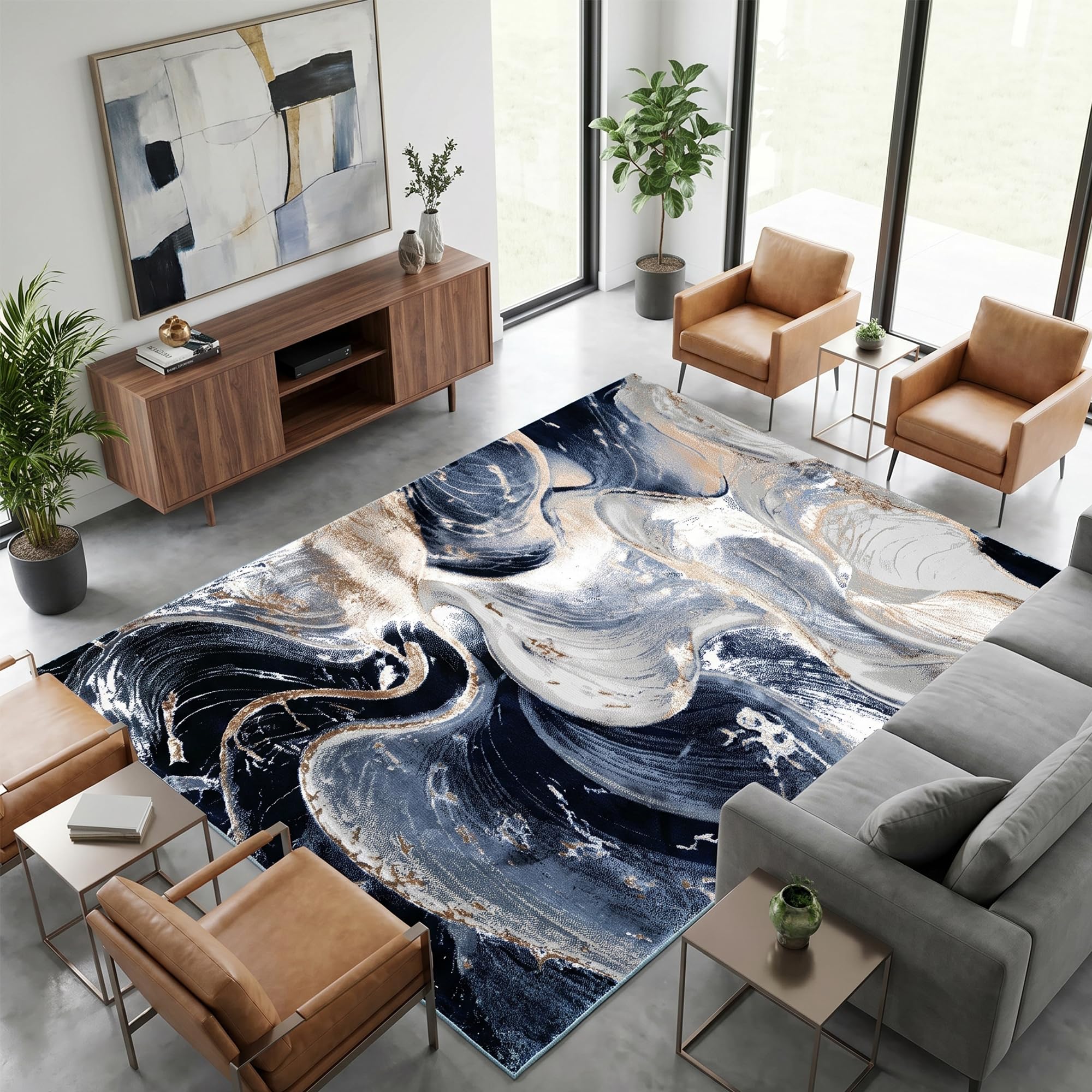 Rugs Inn Marble Luxe Rug - Large Fluffy Area Rug Carpet Washable Non-Slip Soft Modern Indoor Floor Rug for Living Room, Bedroom, Hallway, Lounge (Blue 1, 200x290 cm)