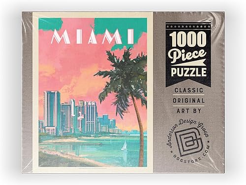Miniatura 8 de MyPuzzle Miami, FL South Beach, Vintage Poster - Rompecabezas prémium de 1000 piezas para adultos