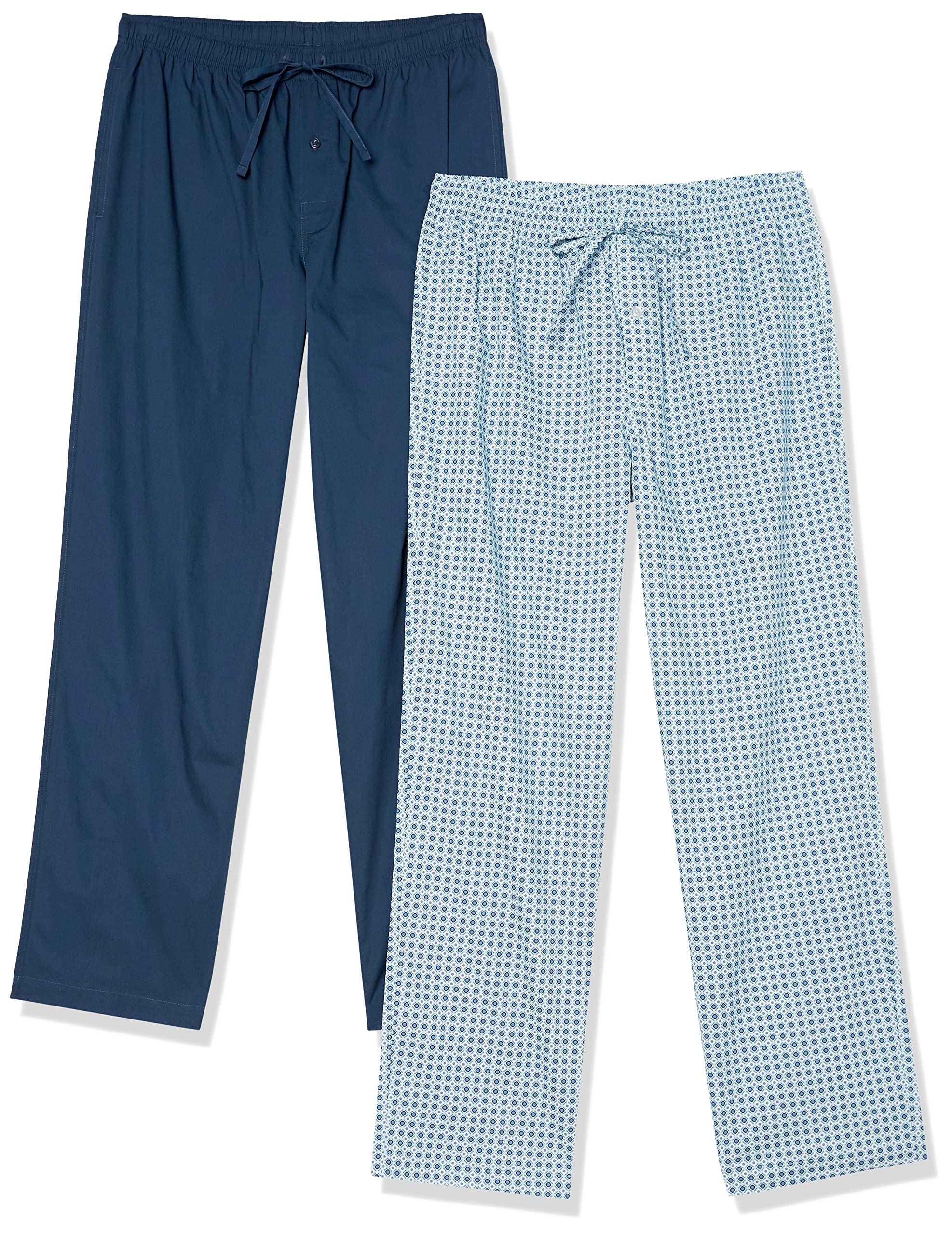 Amazon Essentials Men's Cotton-Stretch Poplin Full-Length Pyjama Bottoms, Pack of 2, Indigo/Blue, Geo Print, XXS