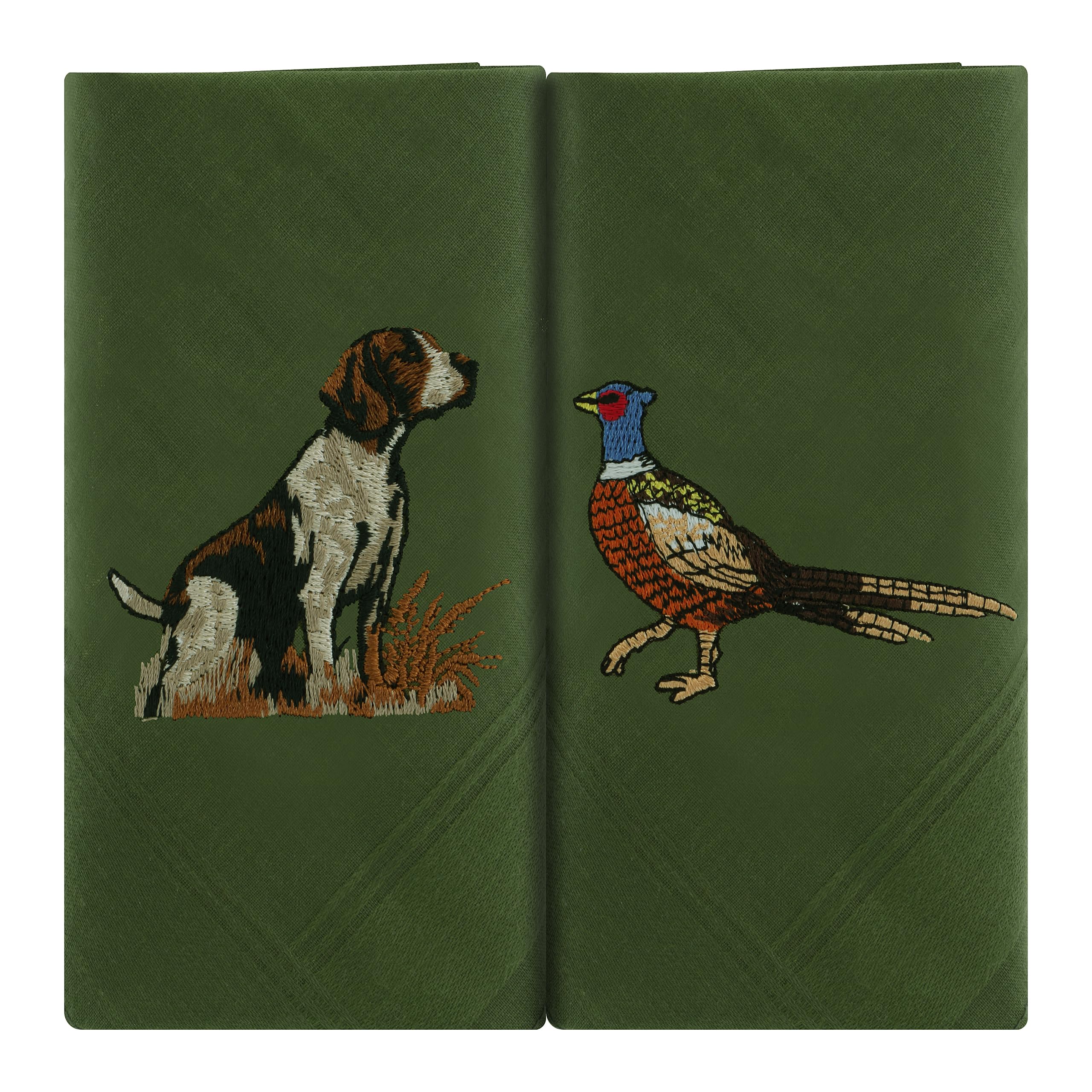 Mandittions Men's Green Dog Pheasant Box Of 2 Green Cotton Handkerchiefs Embroidered With Hound Dog And A Country Pheasant