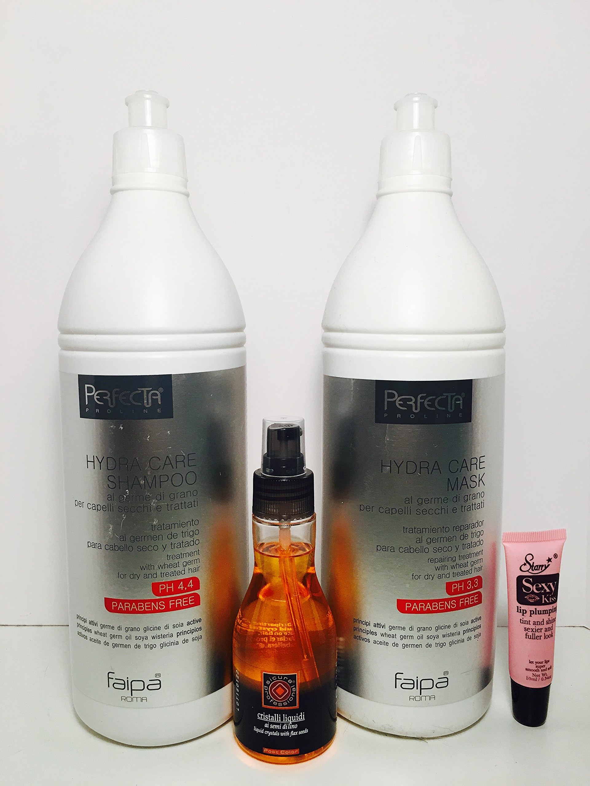 Perfecta Hydra Care Shampoo pH 4.4 and Hydra Care Mask pH 3.3 33.8 Oz and Sicura Liquid Crystals With Flax Seeds 3.30 Oz"Free Starry Lip Plumping glos tube 10ml"