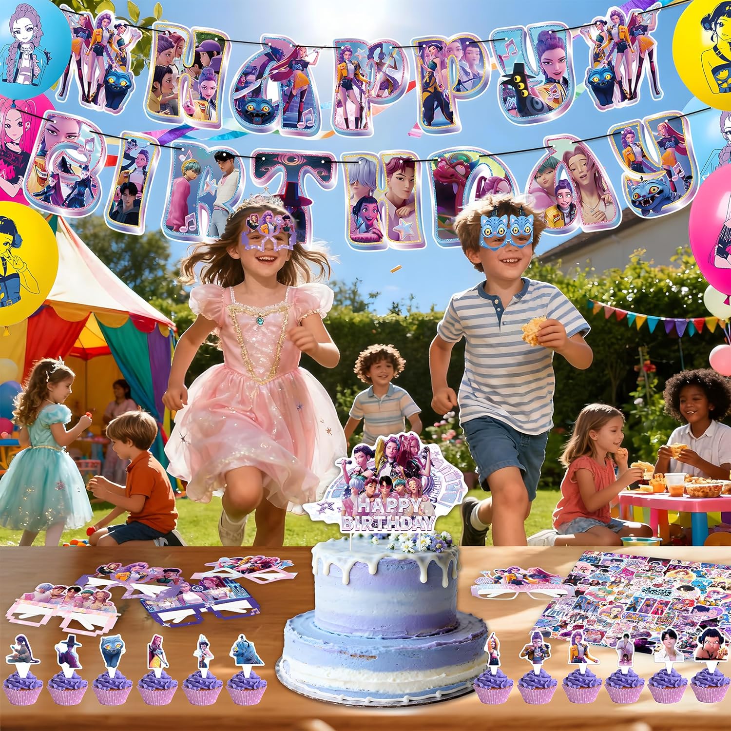 For K Pop Demon Hunters Party Supplies,157 PCS Birthday Decorations Set Include Banner,Balloons,Hanging Swirls,Cake Cupcake Toppers,Tablecloth for Boys Girls Hunters Theme Party