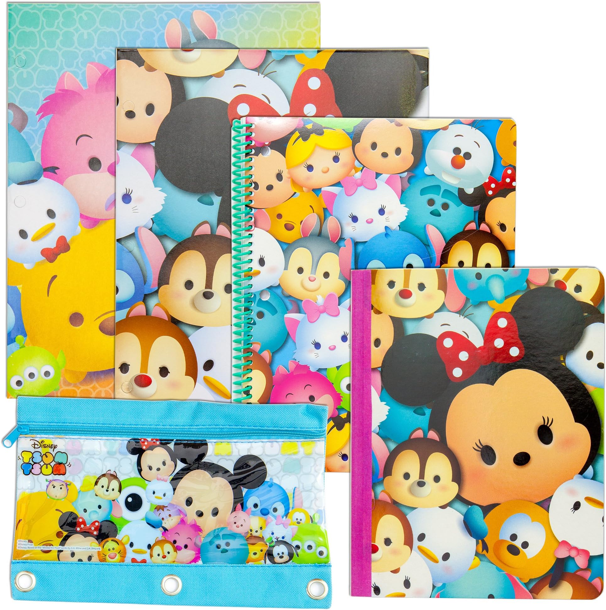 Tsum Tsum Back to School Supply Stationery Set | Spiral Notebook, Subject Composition Book, 2-Pocket Folder, 3-Ring Pencil Pouch Case | Pre-School Elementary First Second Third Fourth Grades (Tsum)