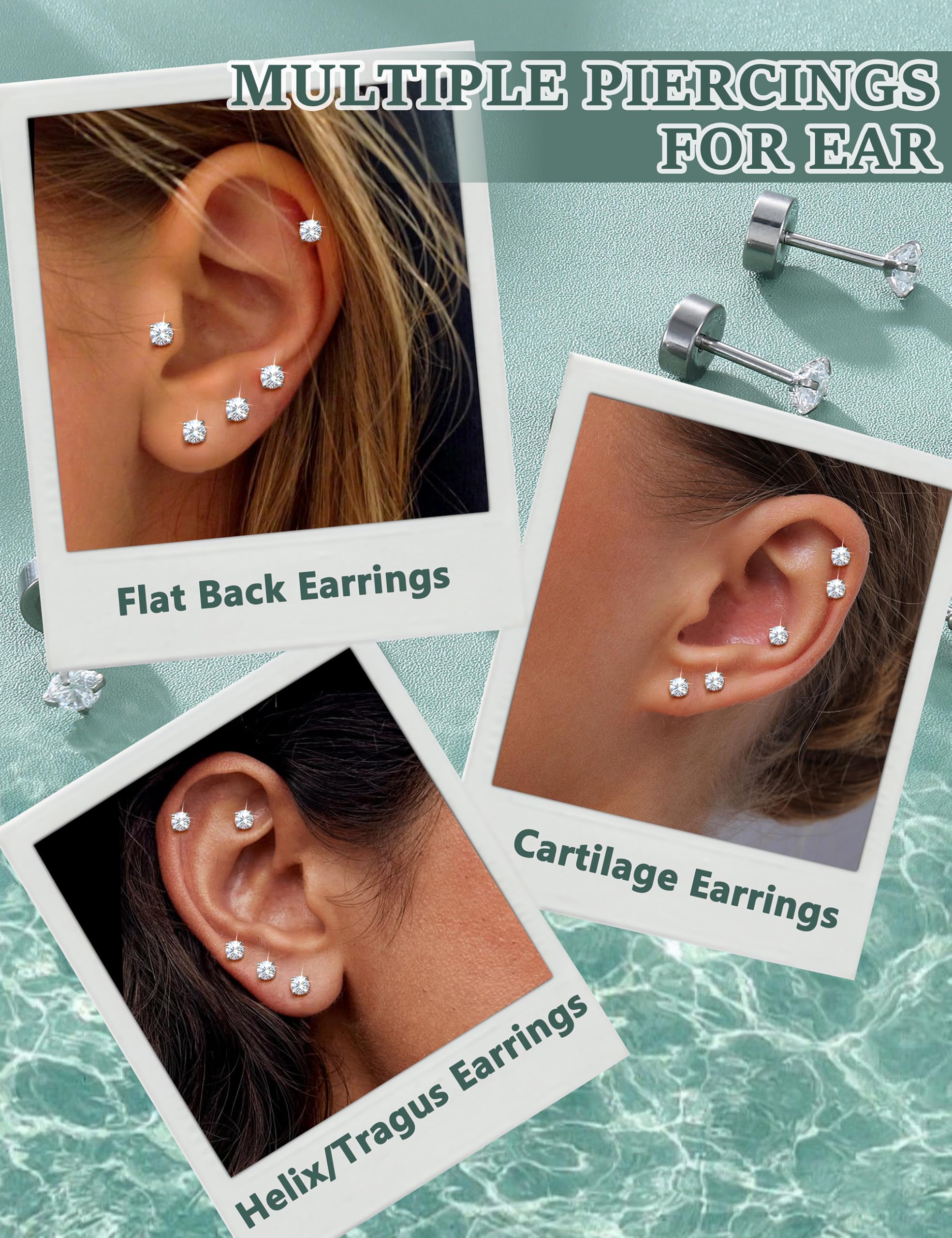 Diamday 6 paia di orecchini a cartilagine 20G per donne uomini ragazze 2-5mm Flat Back Earring Set 316L acciaio chirurgico Tragus CZ Small Helix Piercing Gioielli Ipoallergenici