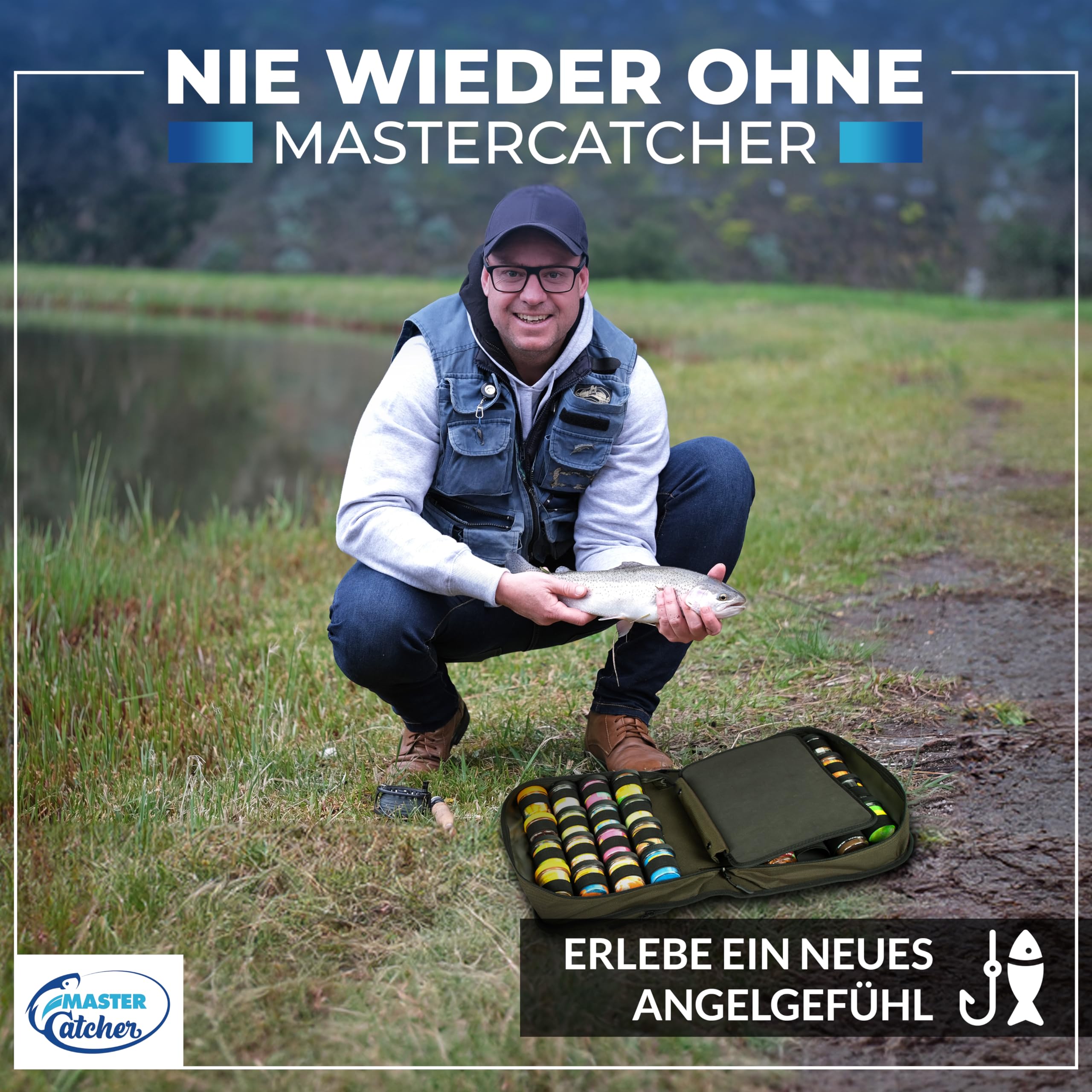 Forellenteig Tasche für 32 Gläser – MasterCatcher® – mehr Kapazität (statt 16–20) – Powerbait / Teiggläser Organizer – wasserabweisend – Designed in Germany