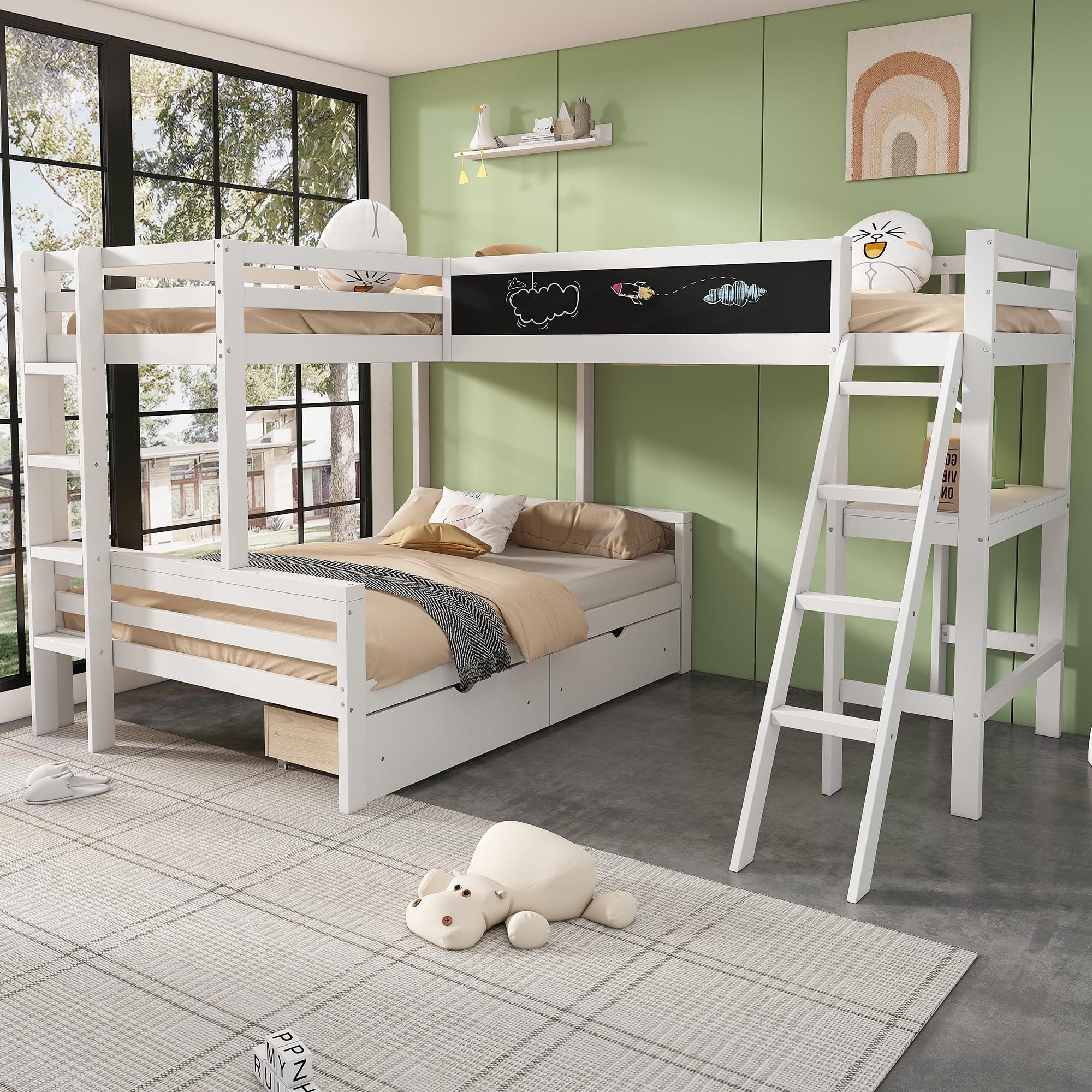 Letto a soppalco a 3 posti letto, scrivania, scaffale, letto a castello per 3 bambini con cassetti e scale, in legno di pino, 140 x 200 cm + 90 x 200 cm, colori: bianco e rovere