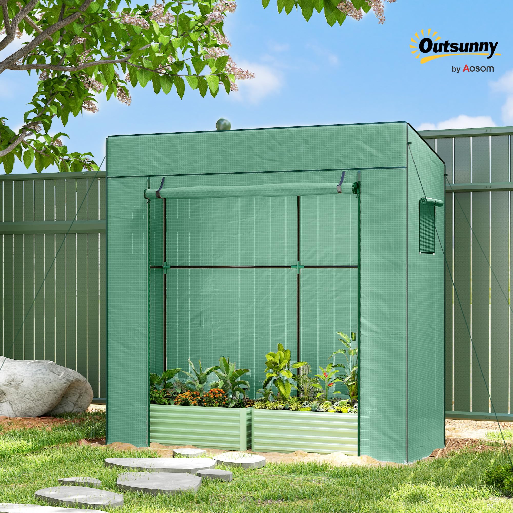 Outsunny Tomatengewächshaus Foliengewächshaus mit Rolltor Netzfenster Schrägdach 196 x 77 x 197 cm Stabil Gewächshaus mit PE-Folie Erdhaken Tomatenhaus Treibhaus für Garten, Balkon, Terrasse Grün