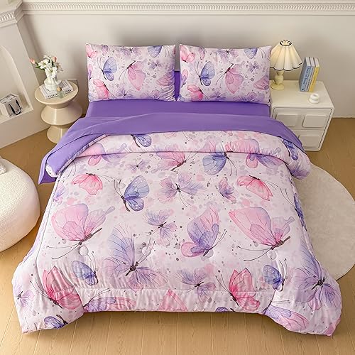 Miniatura 2 de MWMWMW Juego de edredón de mariposa para niñas, juego de ropa de cama con estampado de mariposas rosas y moradas, juego de ropa de cama de 5 piezas