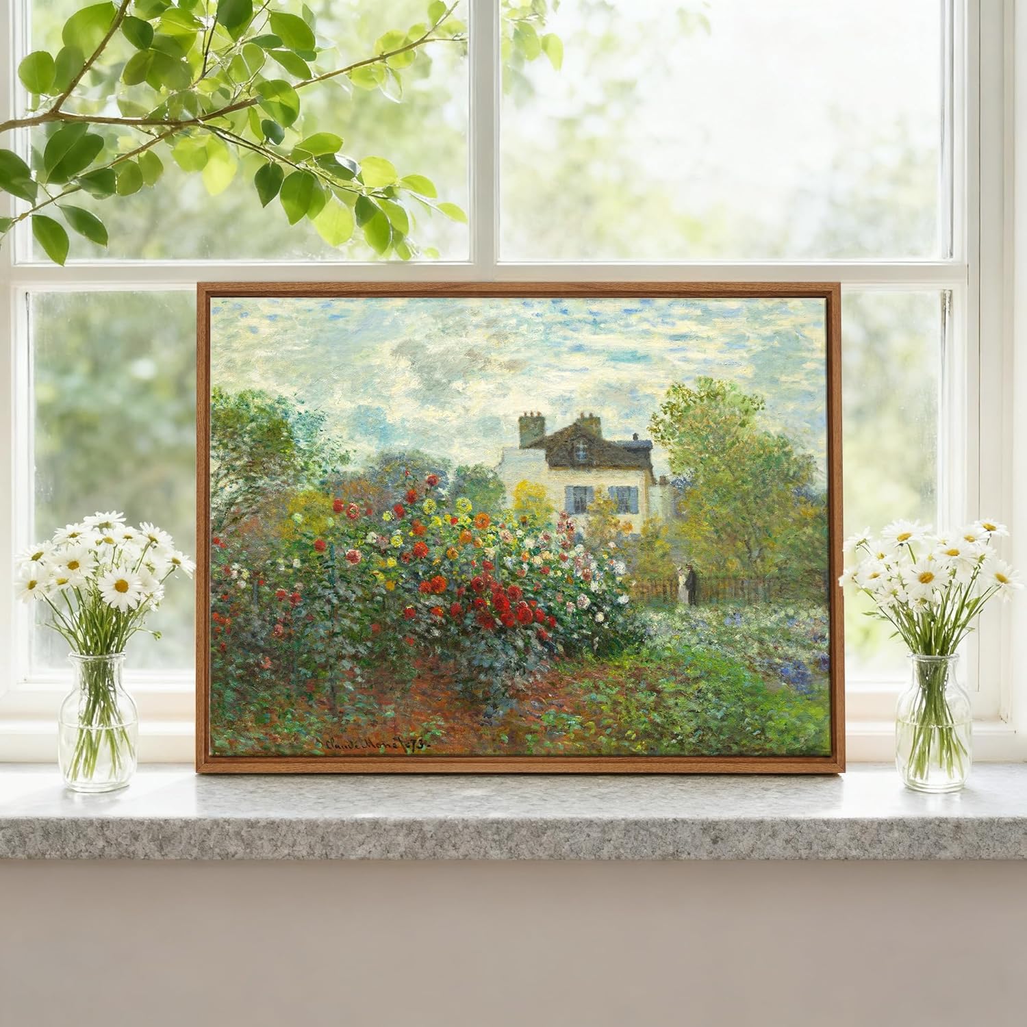 WENGTIAO Monet Cottage Rose Garden Framed Canvas Wall Art Prints Retro Farmhouse Painting Artwork Vintage Country Floral Garden Canvas Picture Reproduction Wall Decor for Living Room Bedroom 16"x24"