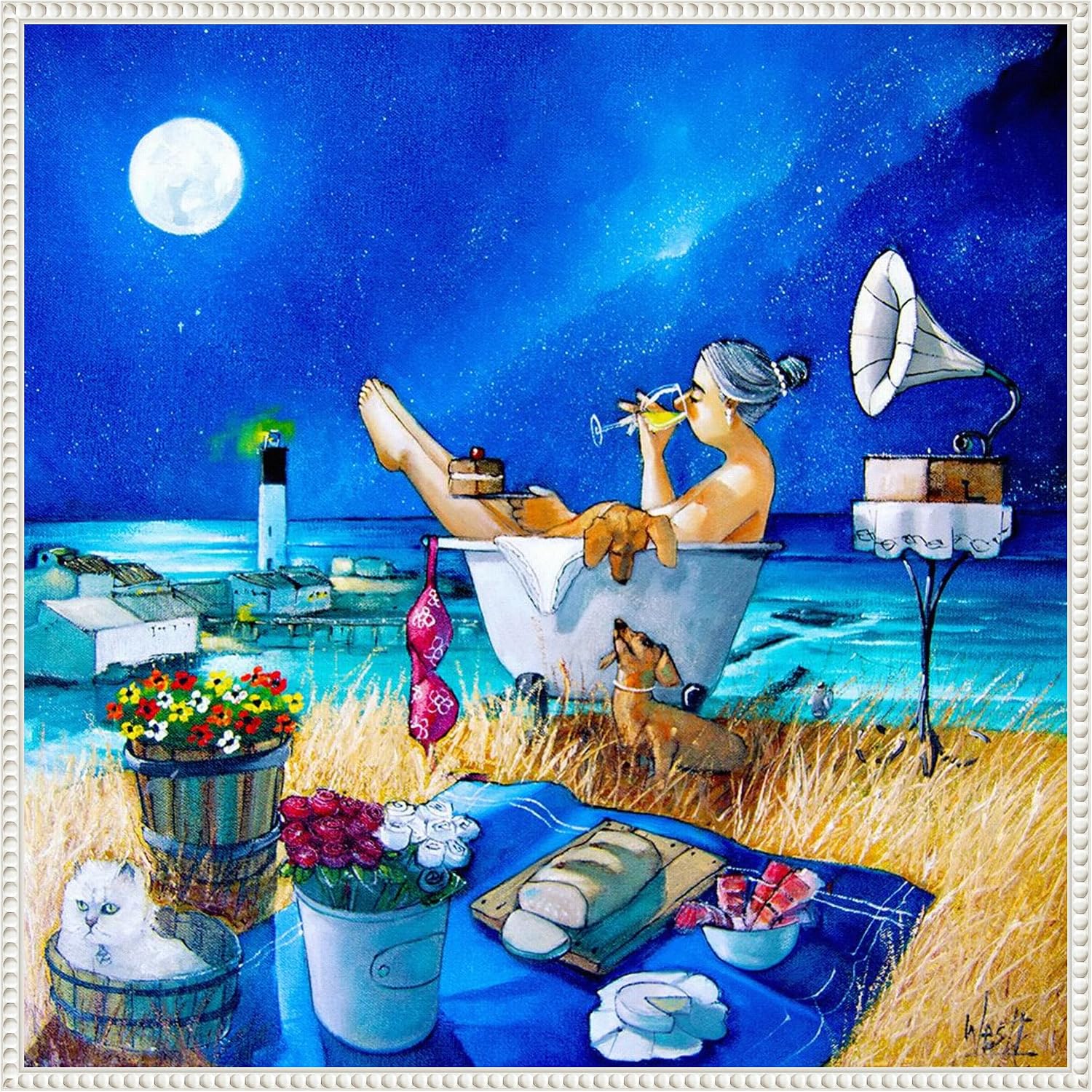 Amanti Art Framed Canvas Wall Art 16x16 Just Perfect at Vlees Bay by Ronald West, Framed Wall Art Canvas, Landscapes Artwork, Modern Decor, Small Poster Painting for Living Room, Bedroom, Bathroom,